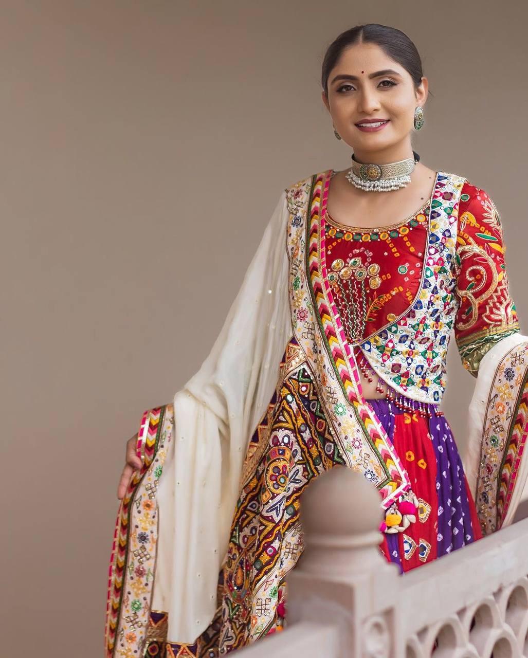 Purple & Red Bandhani Patchwork Kutchi Mirror Work Designer Chaniya Choli Se