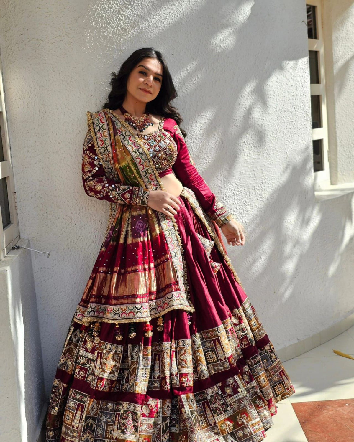 Maroon Traditional Patchwork & Mirror Work Designer Chaniya Choli Set (Navratri / Wedding Ethnic Wear)