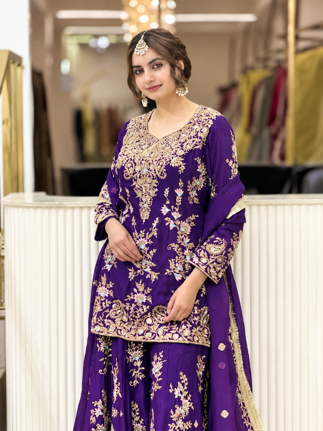 Luxury Pakistani Embroidered Sharara Suit with Dupatta