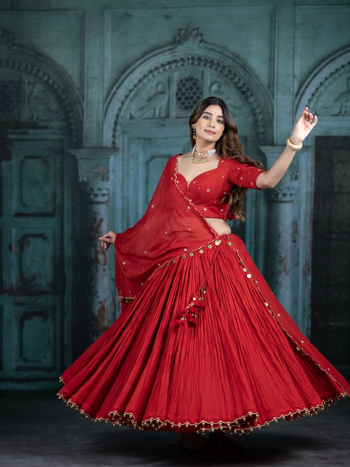 Crimson Red Micro-Pleated Chaniya Choli Set – Festive Navratri Wear