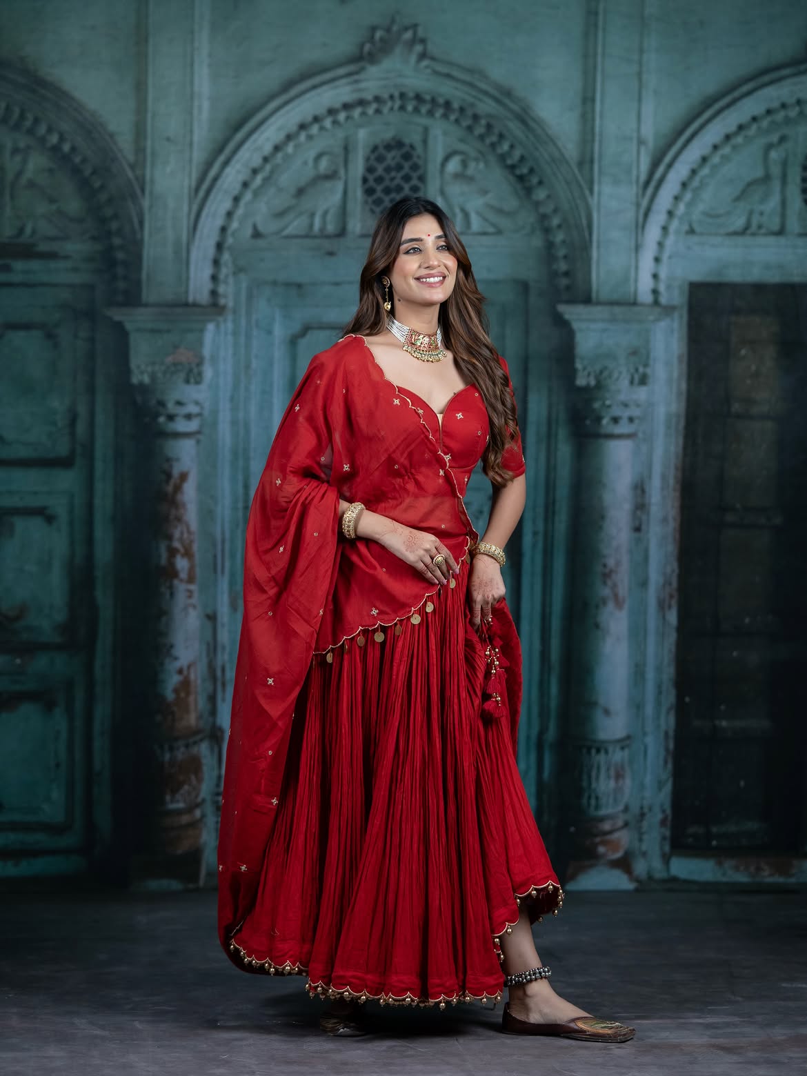 Crimson Red Micro-Pleated Chaniya Choli Set – Festive Navratri Wear