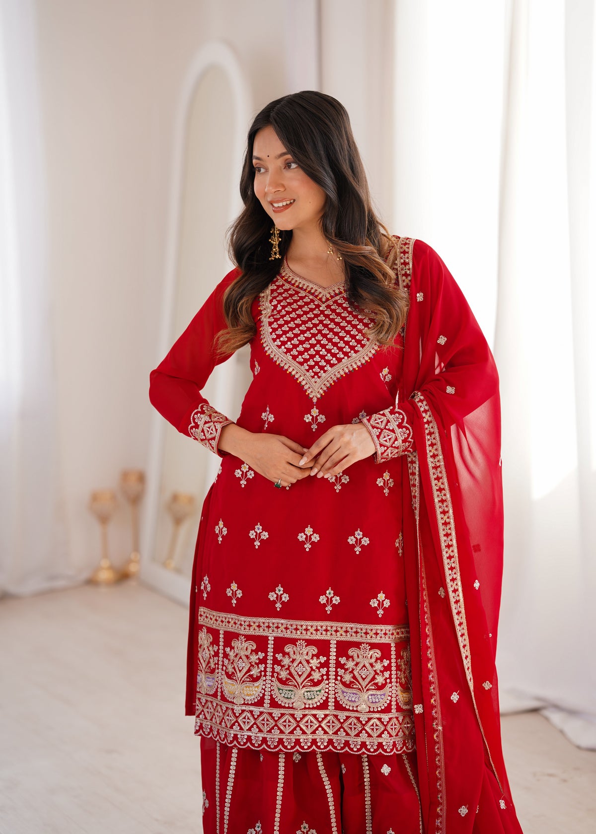 Red Georgette Party Wear Salwar Suit with Fully Flared Sharara