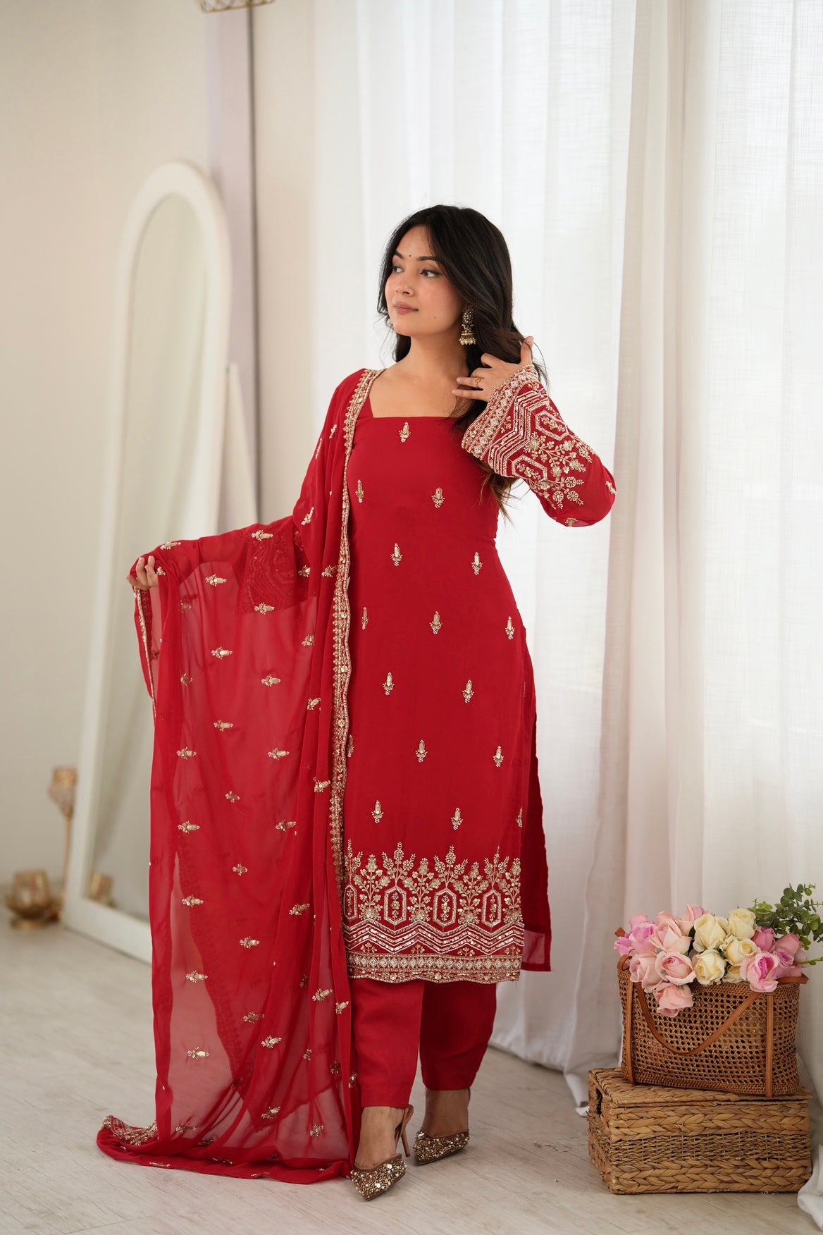 Red Faux Georgette Pakistani Salwar Suit Women Party Wear
