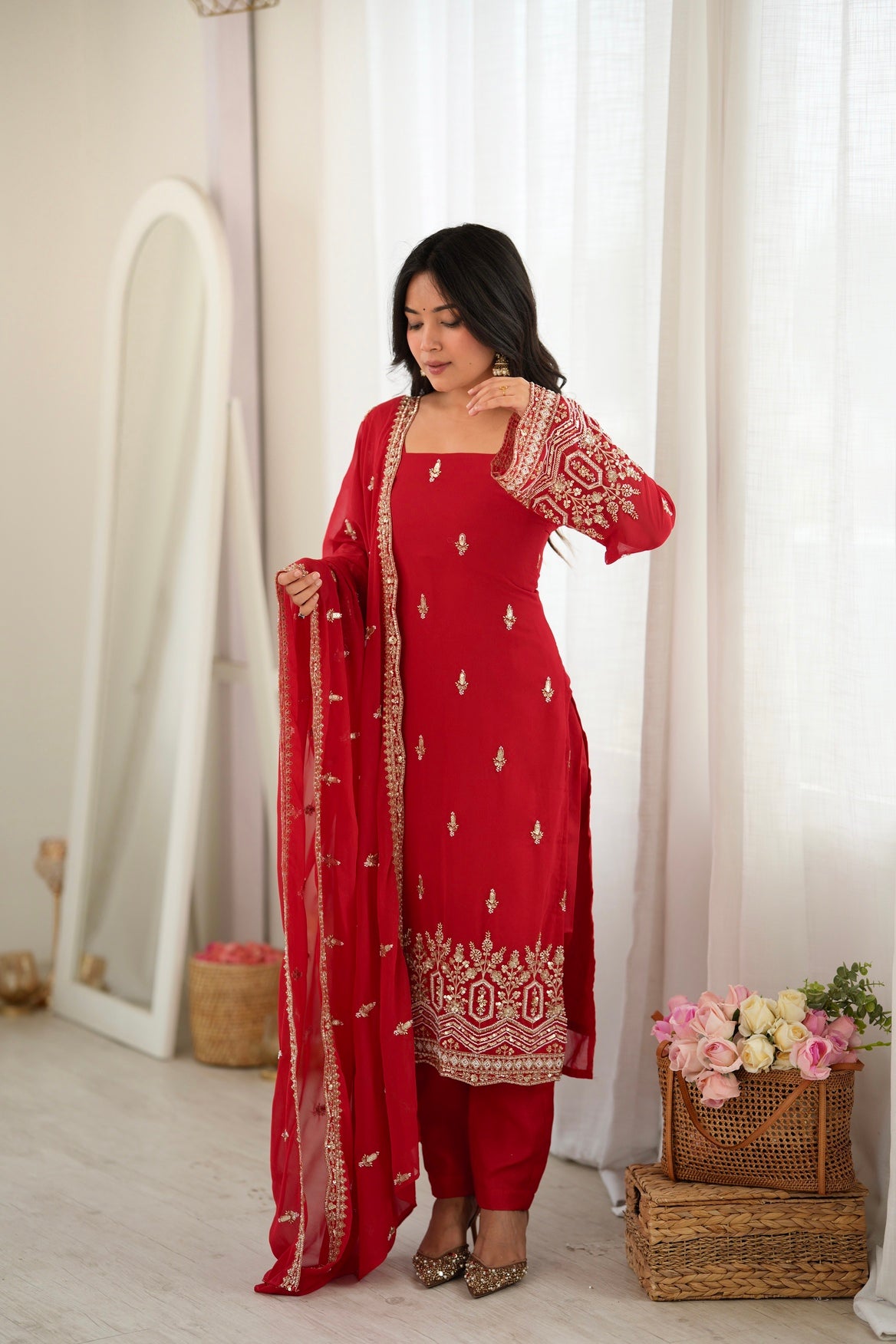 Red Faux Georgette Pakistani Salwar Suit Women Party Wear