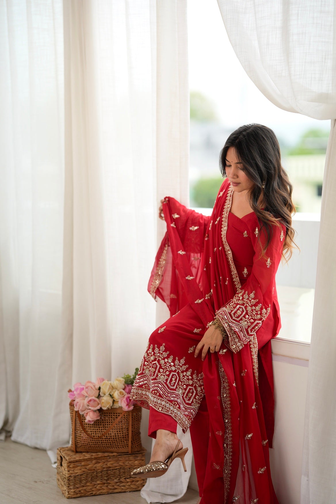 Red Faux Georgette Pakistani Salwar Suit Women Party Wear
