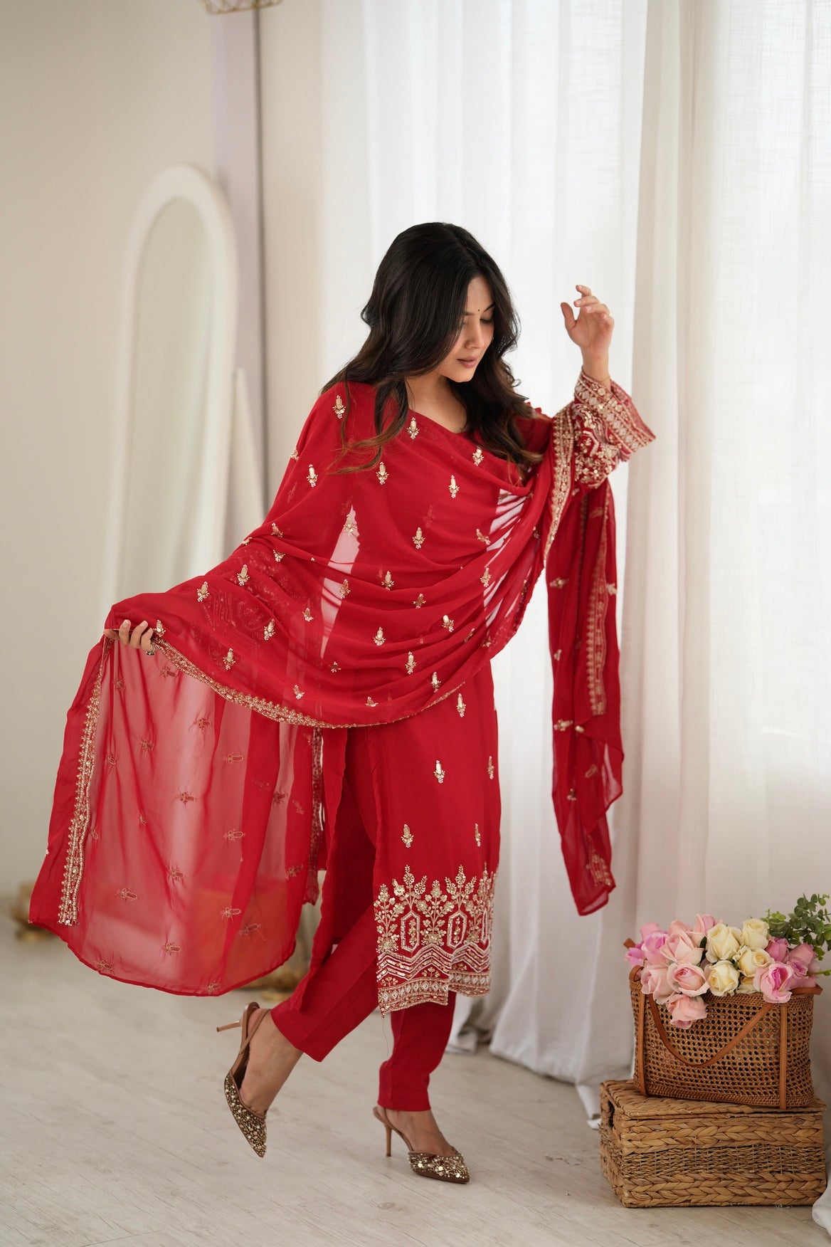 Red Faux Georgette Pakistani Salwar Suit Women Party Wear