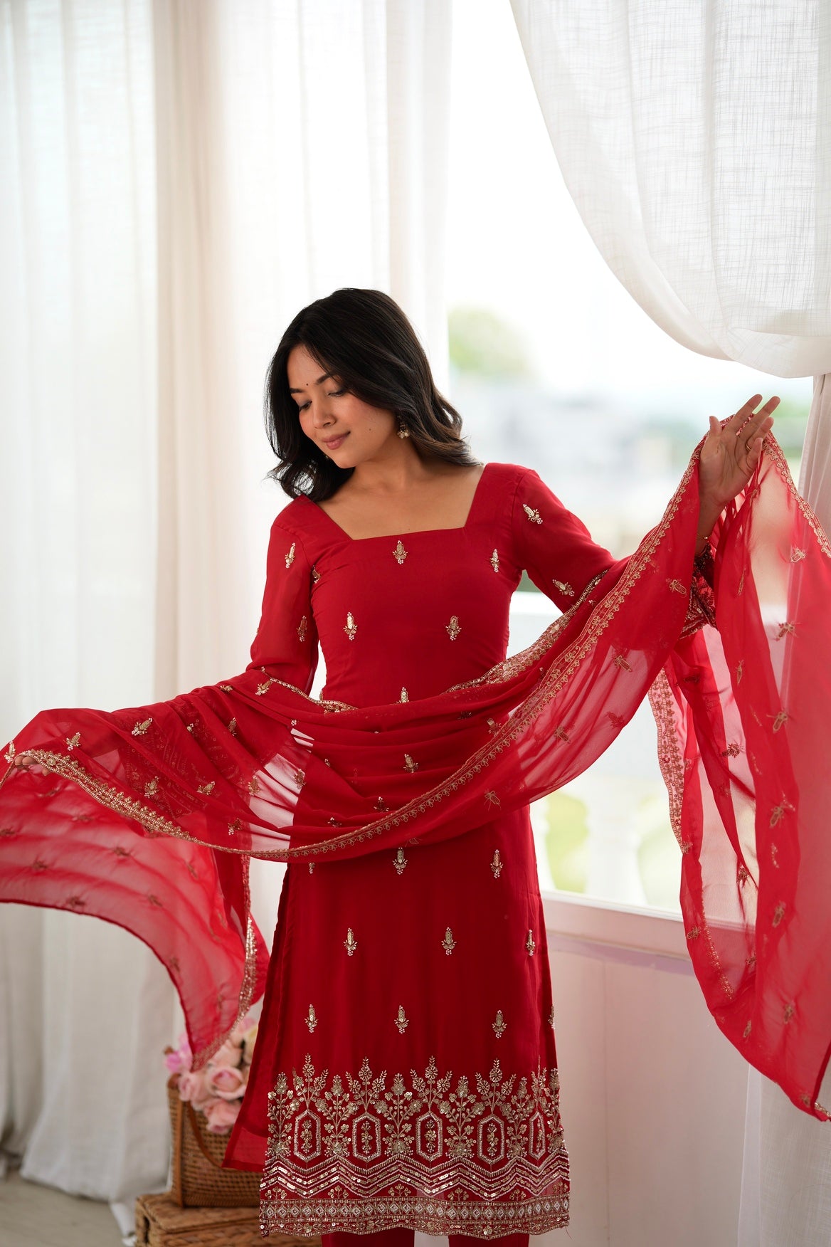 Red Faux Georgette Pakistani Salwar Suit Women Party Wear