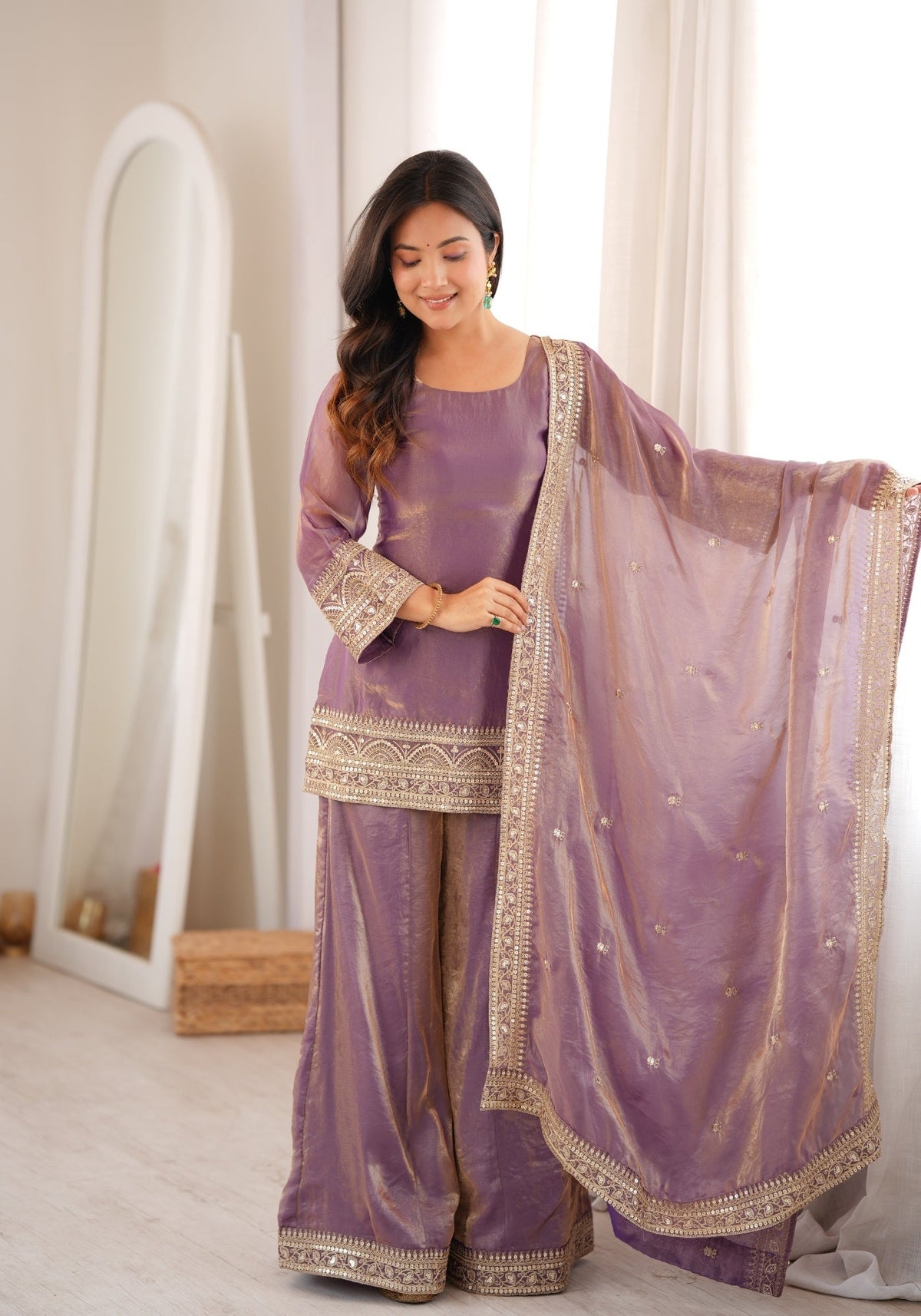 Dusty Pink Silk Pakistani Suit with Embroidery & Palazzo