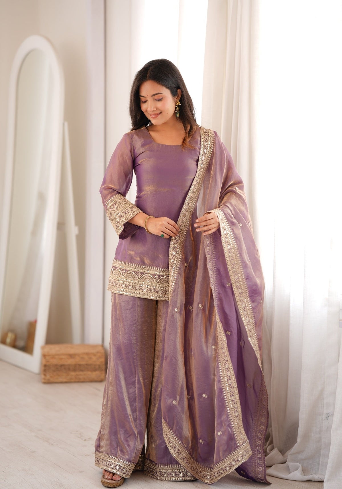 Dusty Pink Silk Pakistani Suit with Embroidery & Palazzo
