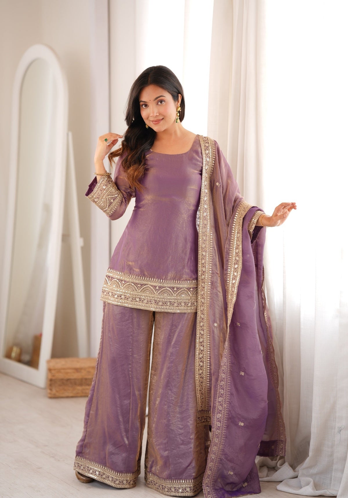 Dusty Pink Silk Pakistani Suit with Embroidery & Palazzo