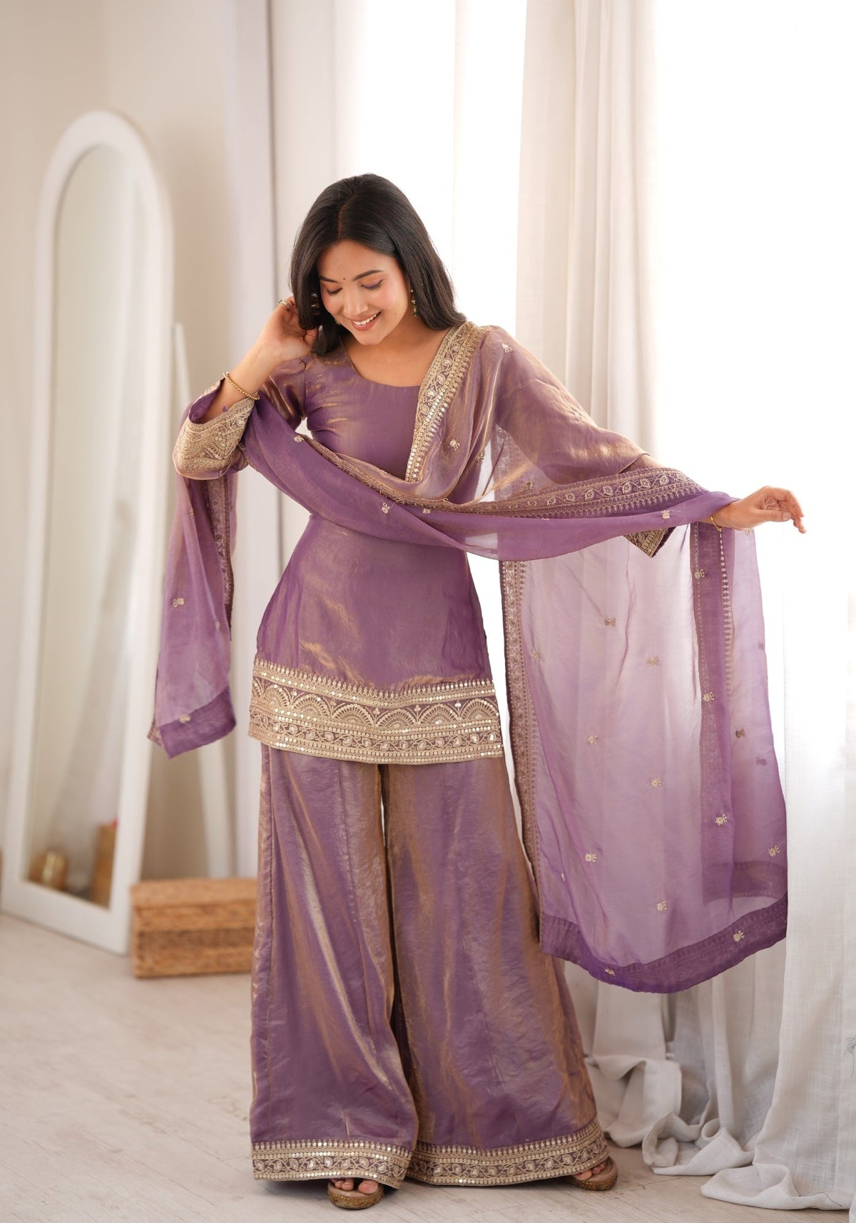 Dusty Pink Silk Pakistani Suit with Embroidery & Palazzo