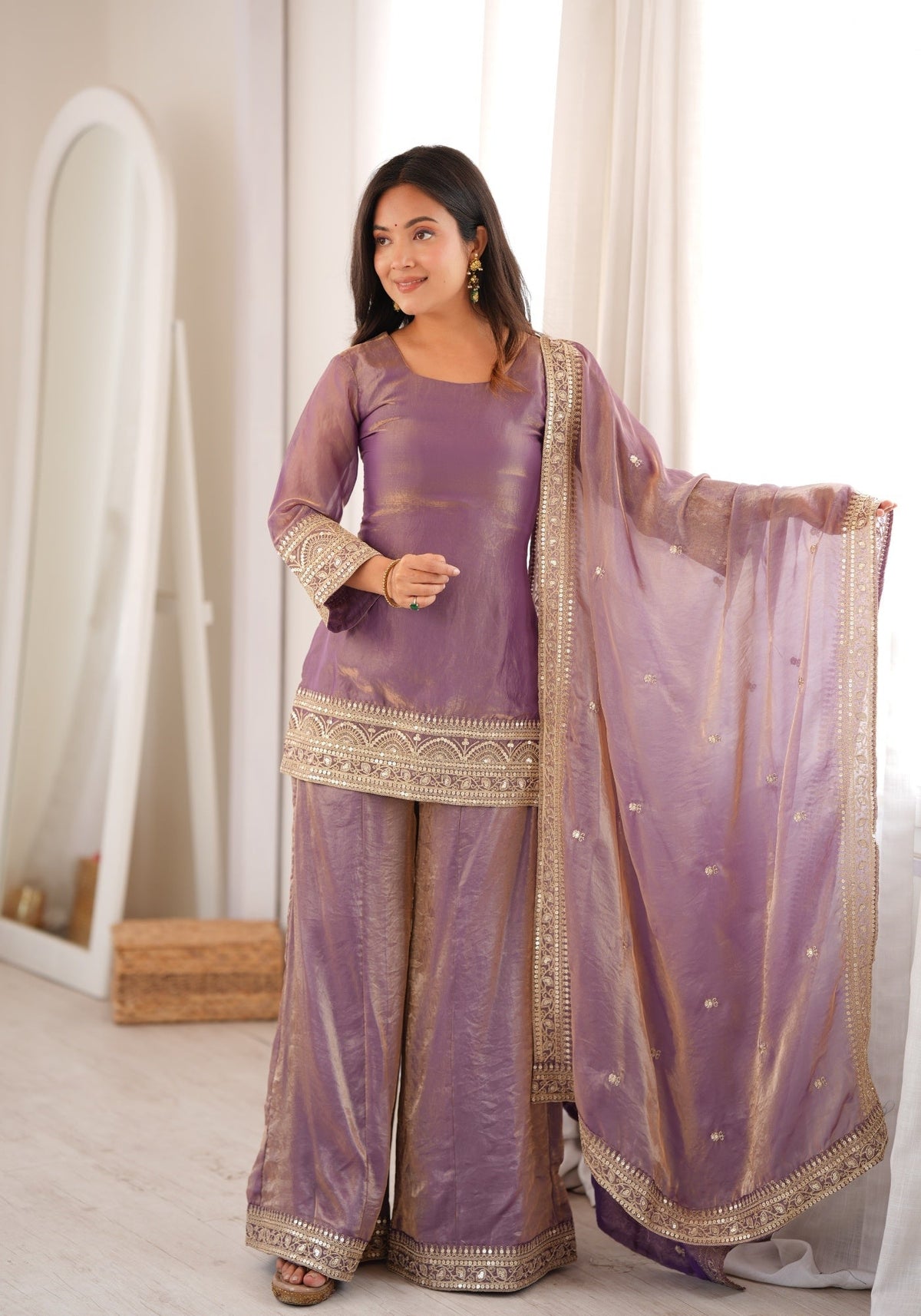Dusty Pink Silk Pakistani Suit with Embroidery & Palazzo
