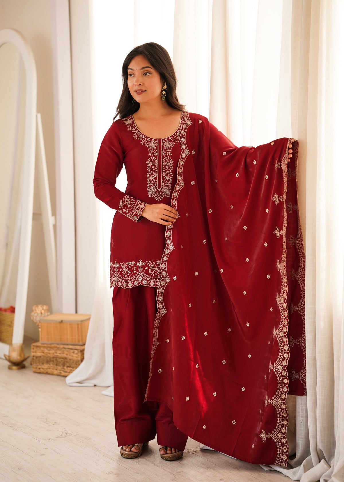 Maroon Roman Silk Salwar Suit Party Wear for Women