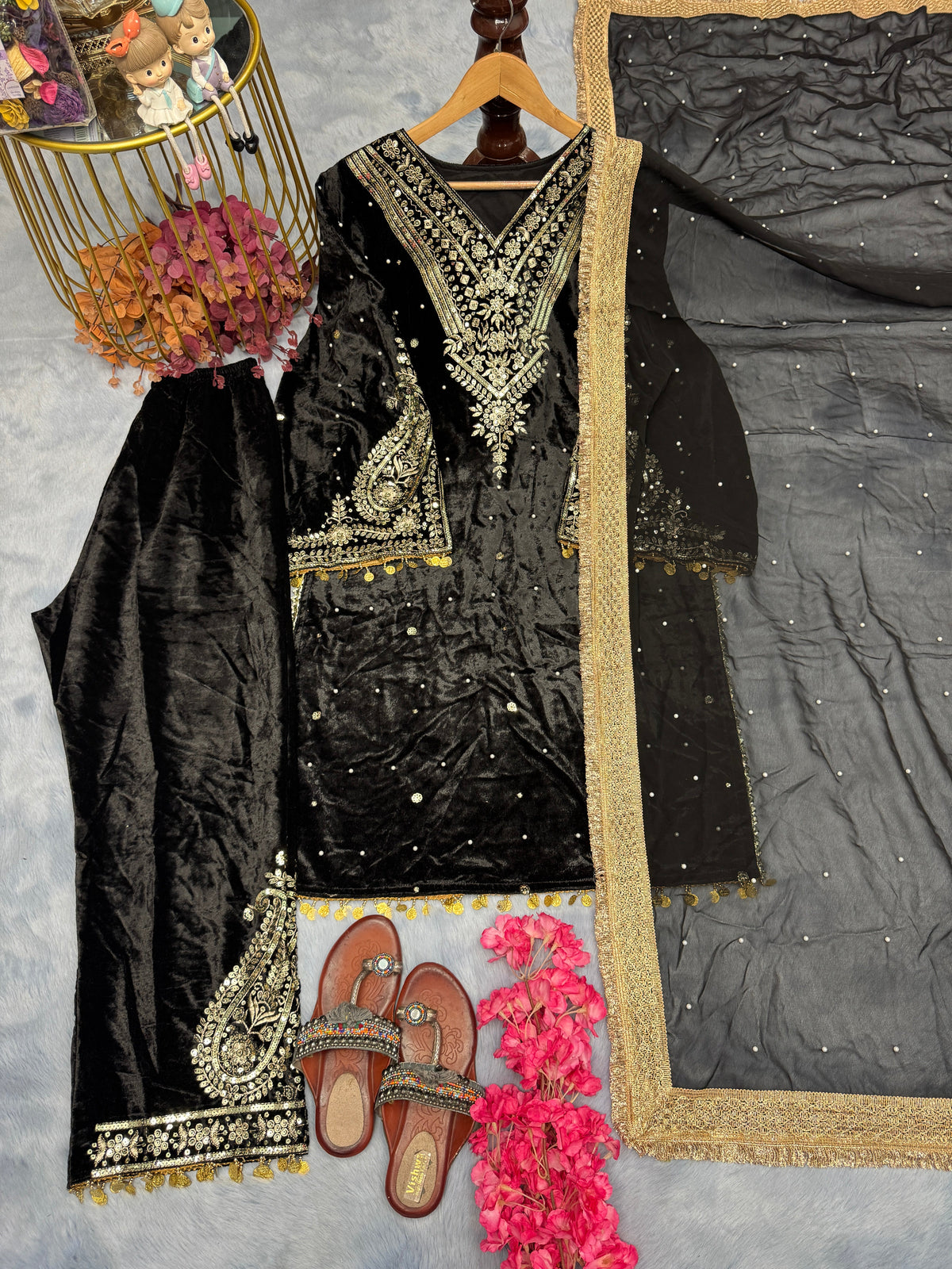 Pure Viscose Velvet Party Wear Suit for Women - Top Plazzo Set