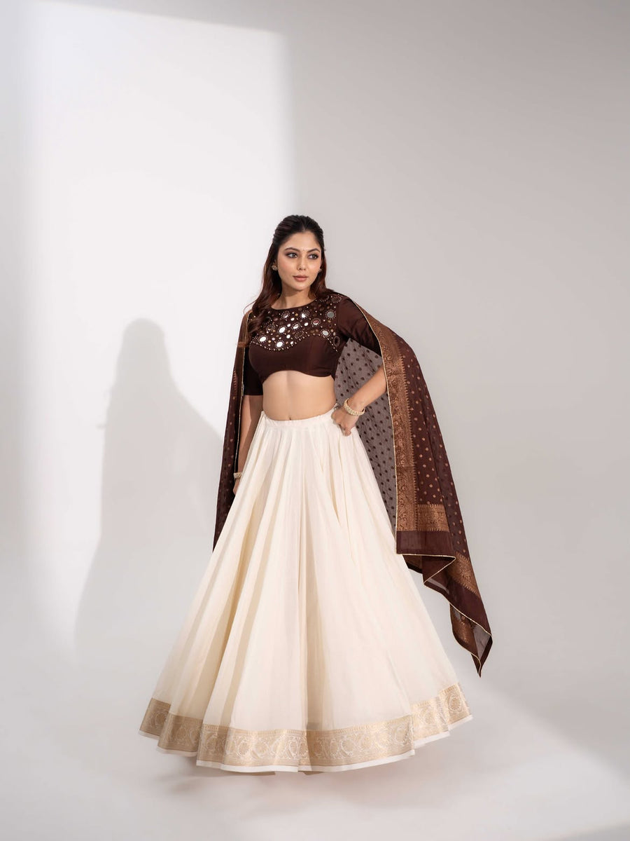 Chocolate Brown Mirror Work Blouse with Off-White Flared Lehenga & Dupatta Set
