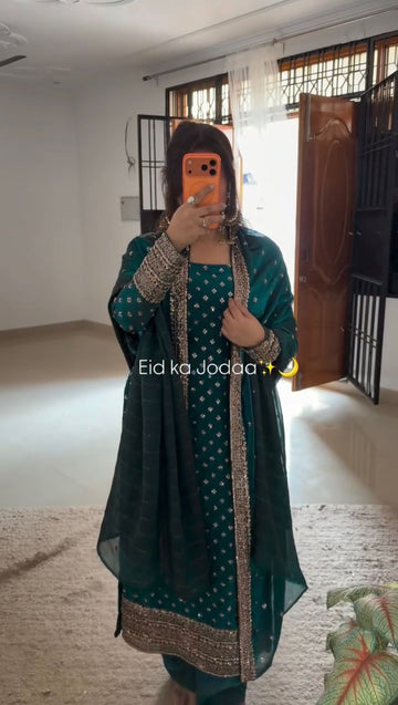 Emerald Green Fendy Silk Sequin Salwar Kameez - Festive Set