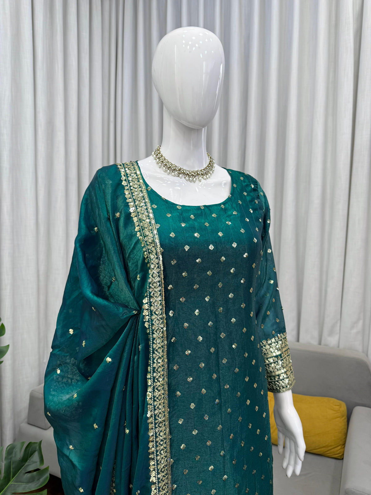 Emerald Green Fendy Silk Sequin Salwar Kameez - Festive Set