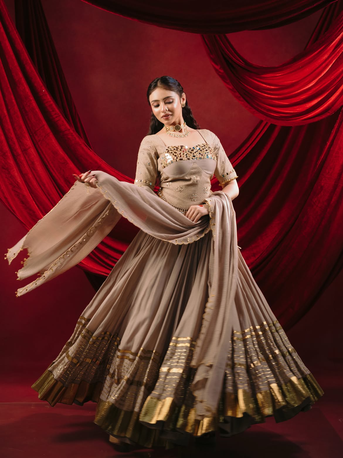 Taupe Beige Mirror Work Chaniya Choli Set – Navratri & Festive Wear