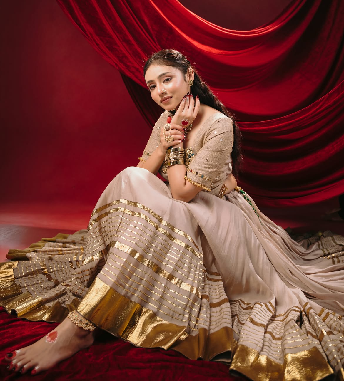 Taupe Beige Mirror Work Chaniya Choli Set – Navratri & Festive Wear