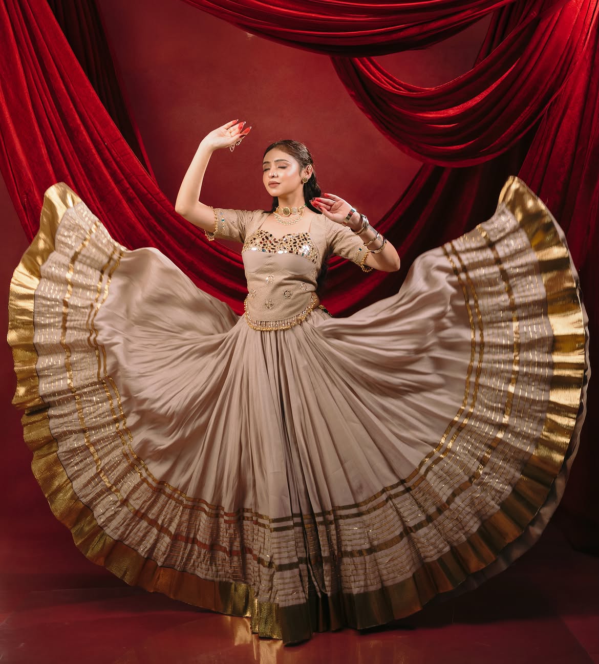 Taupe Beige Mirror Work Chaniya Choli Set – Navratri & Festive Wear