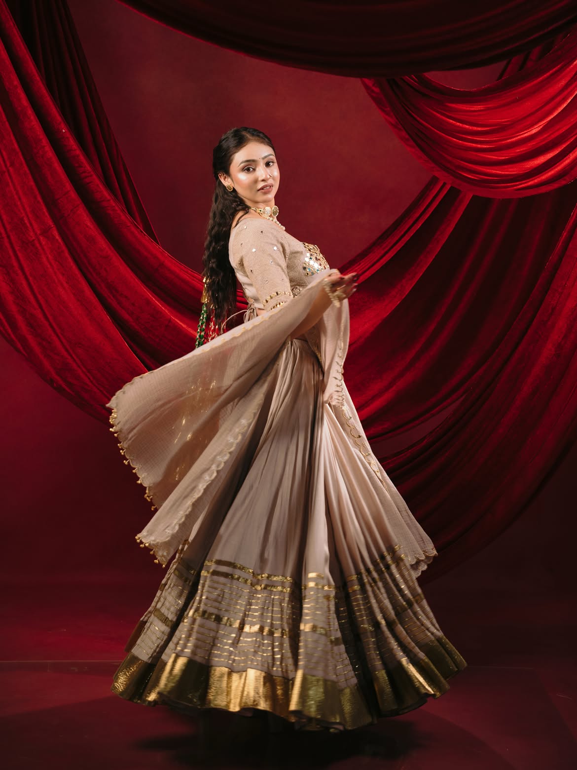 Taupe Beige Mirror Work Chaniya Choli Set – Navratri & Festive Wear