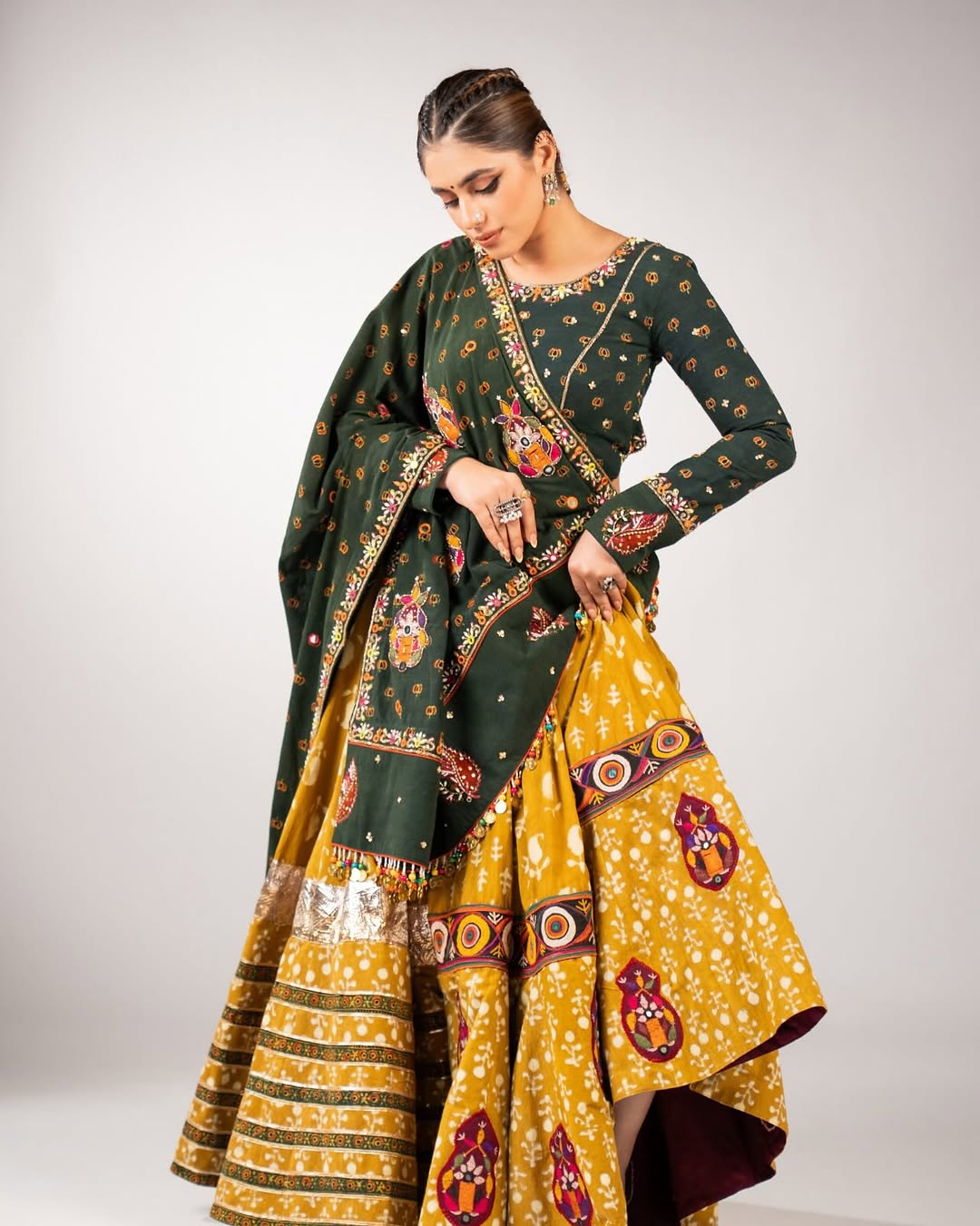 Bottle Green & Mustard Yellow Printed Cotton Chaniya Choli with Embroidered Dupatta