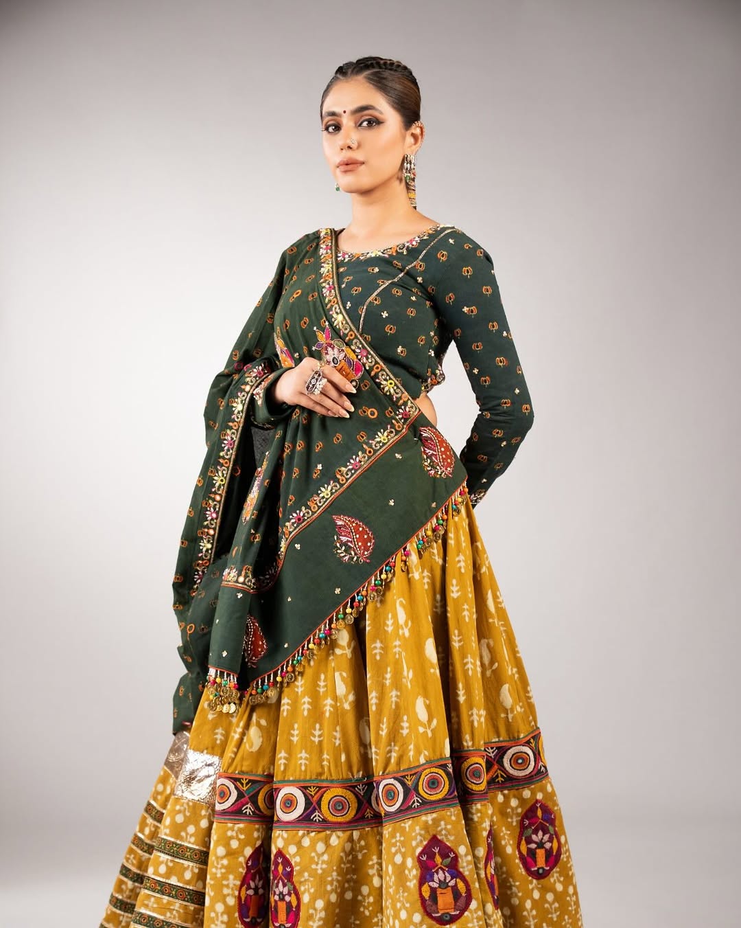 Bottle Green & Mustard Yellow Printed Cotton Chaniya Choli with Embroidered Dupatta