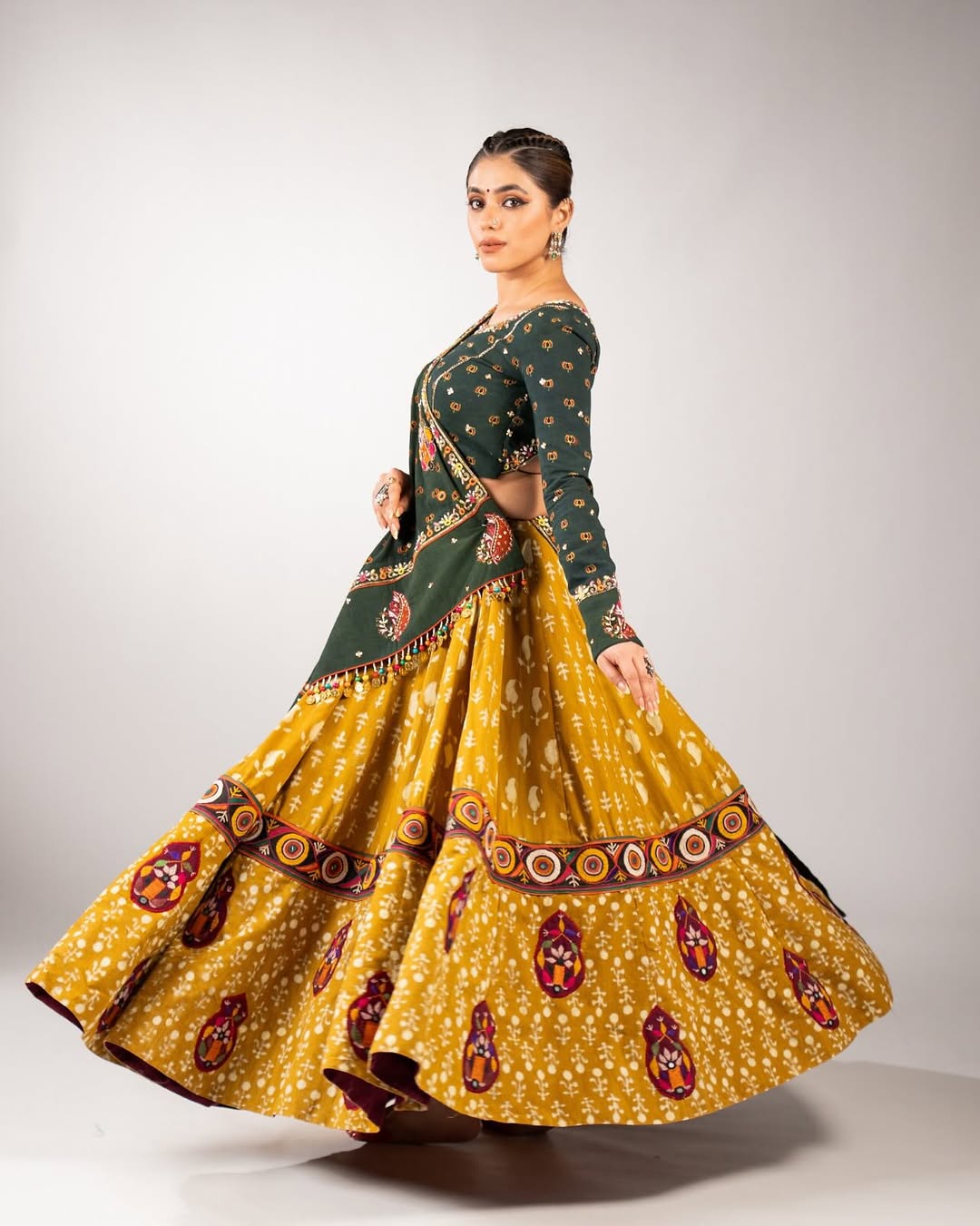 Bottle Green & Mustard Yellow Printed Cotton Chaniya Choli with Embroidered Dupatta