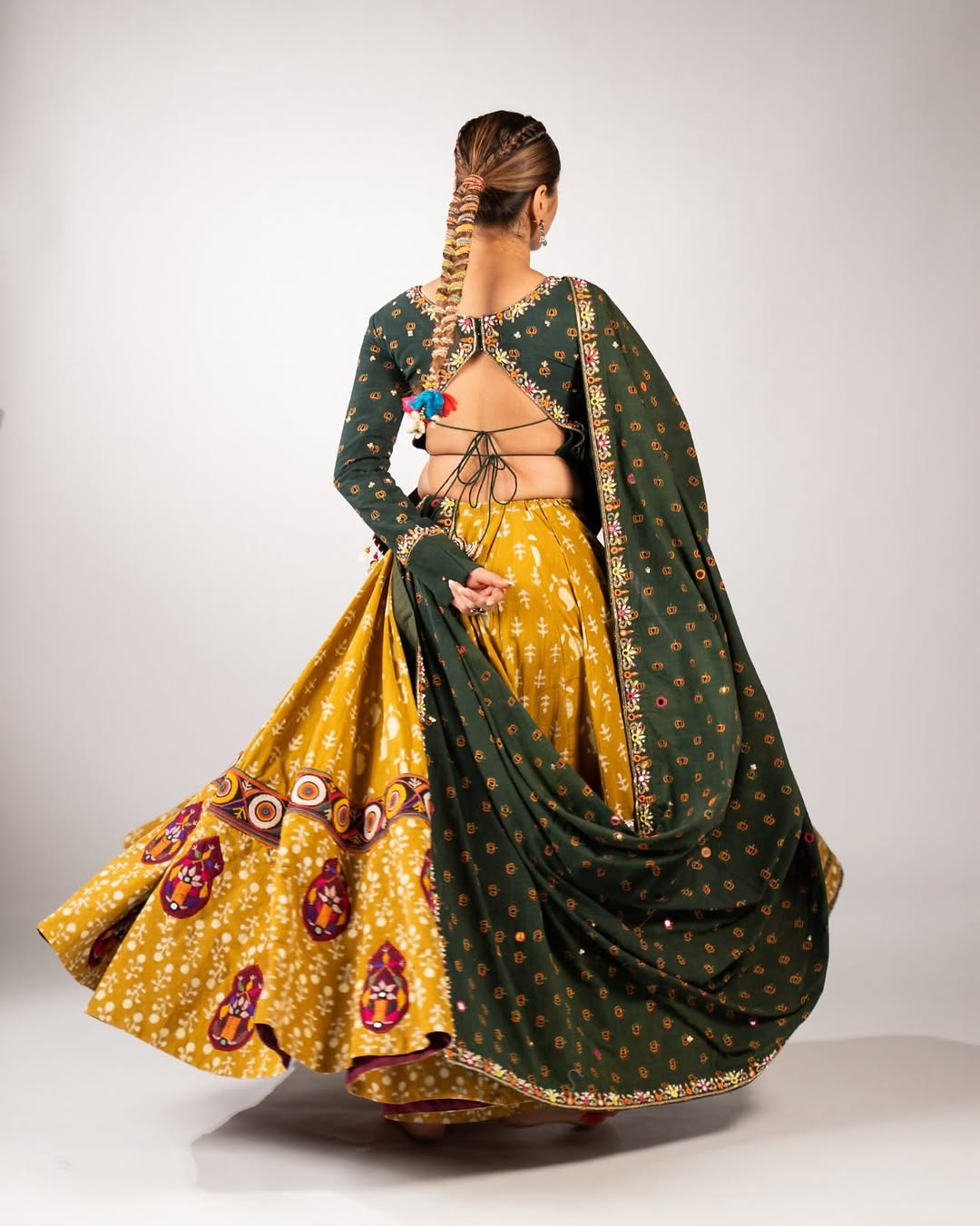 Bottle Green & Mustard Yellow Printed Cotton Chaniya Choli with Embroidered Dupatta