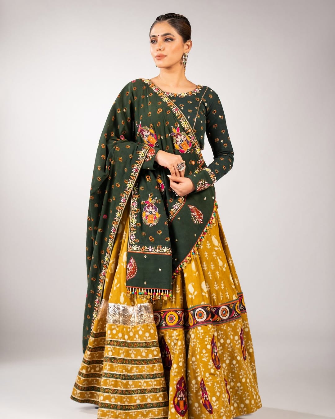 Bottle Green & Mustard Yellow Printed Cotton Chaniya Choli with Embroidered Dupatta