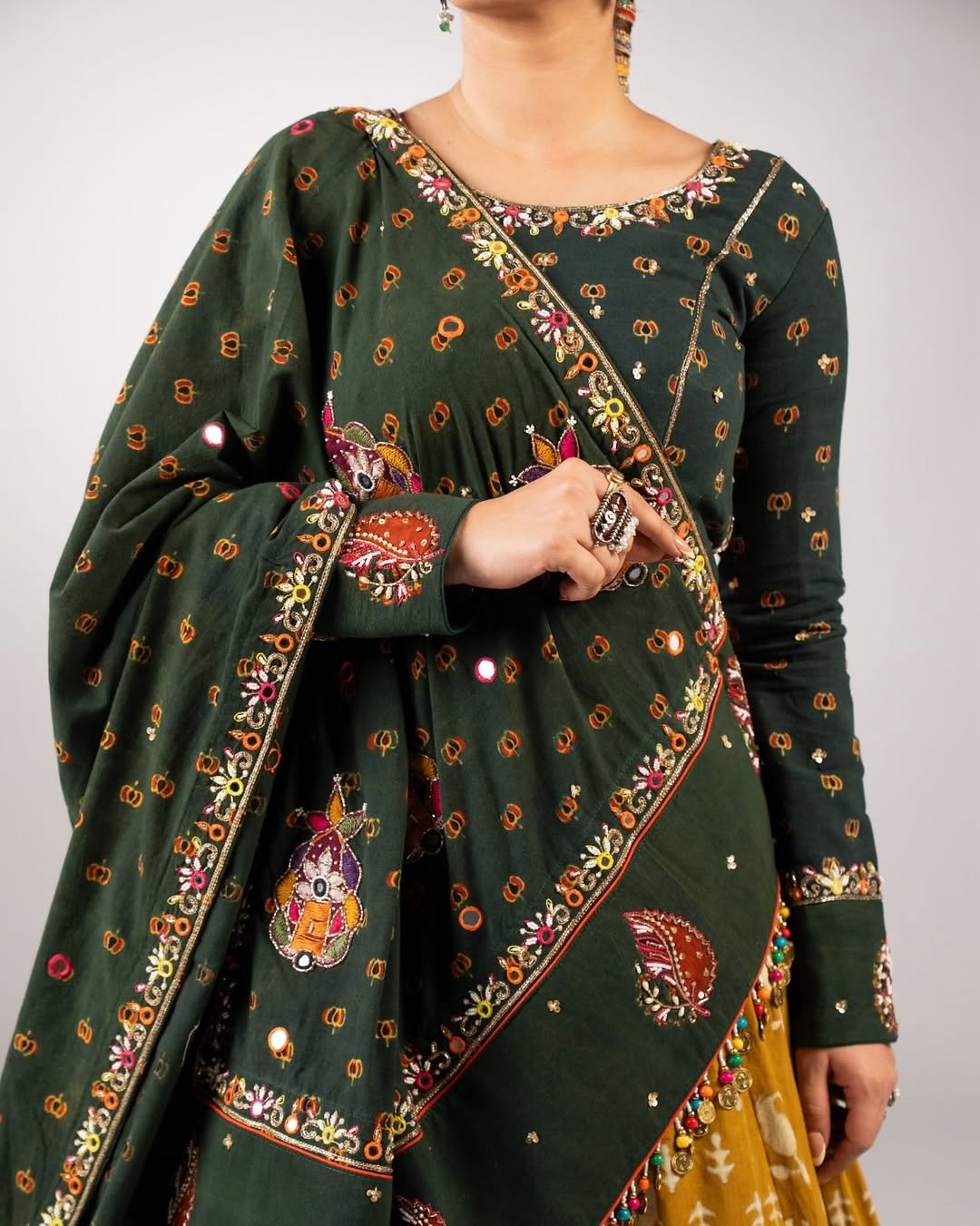 Bottle Green & Mustard Yellow Printed Cotton Chaniya Choli with Embroidered Dupatta