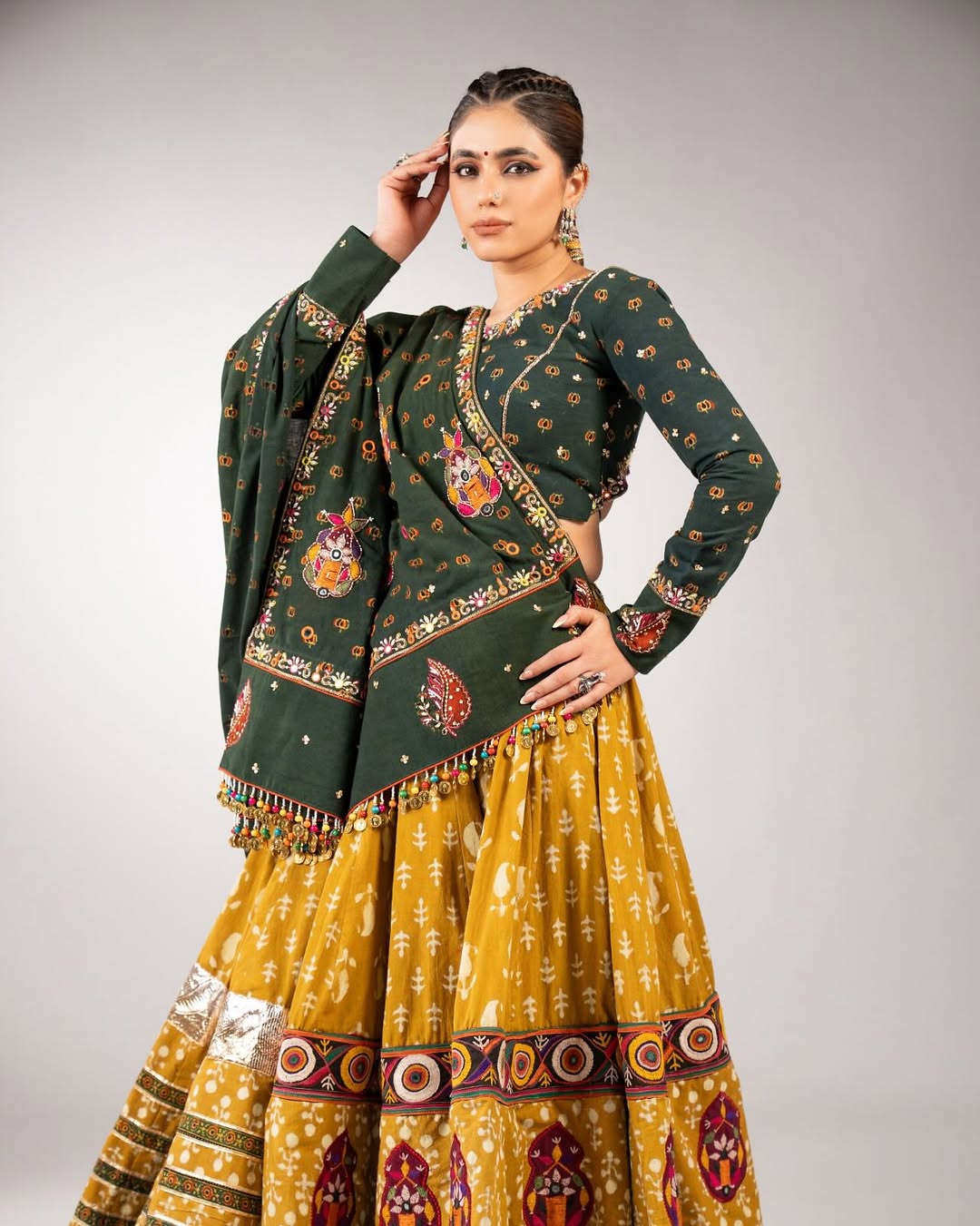 Bottle Green & Mustard Yellow Printed Cotton Chaniya Choli with Embroidered Dupatta