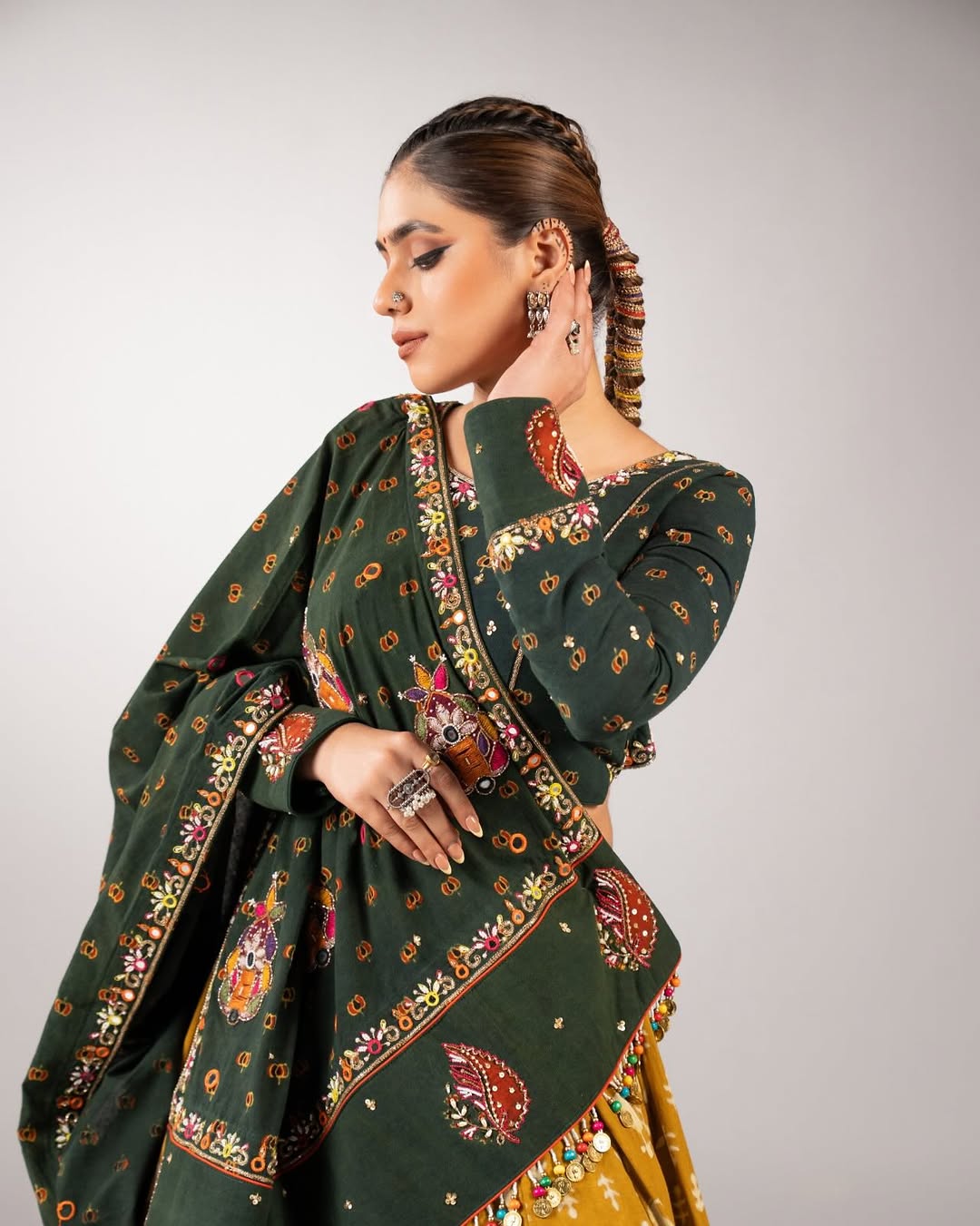 Bottle Green & Mustard Yellow Printed Cotton Chaniya Choli with Embroidered Dupatta
