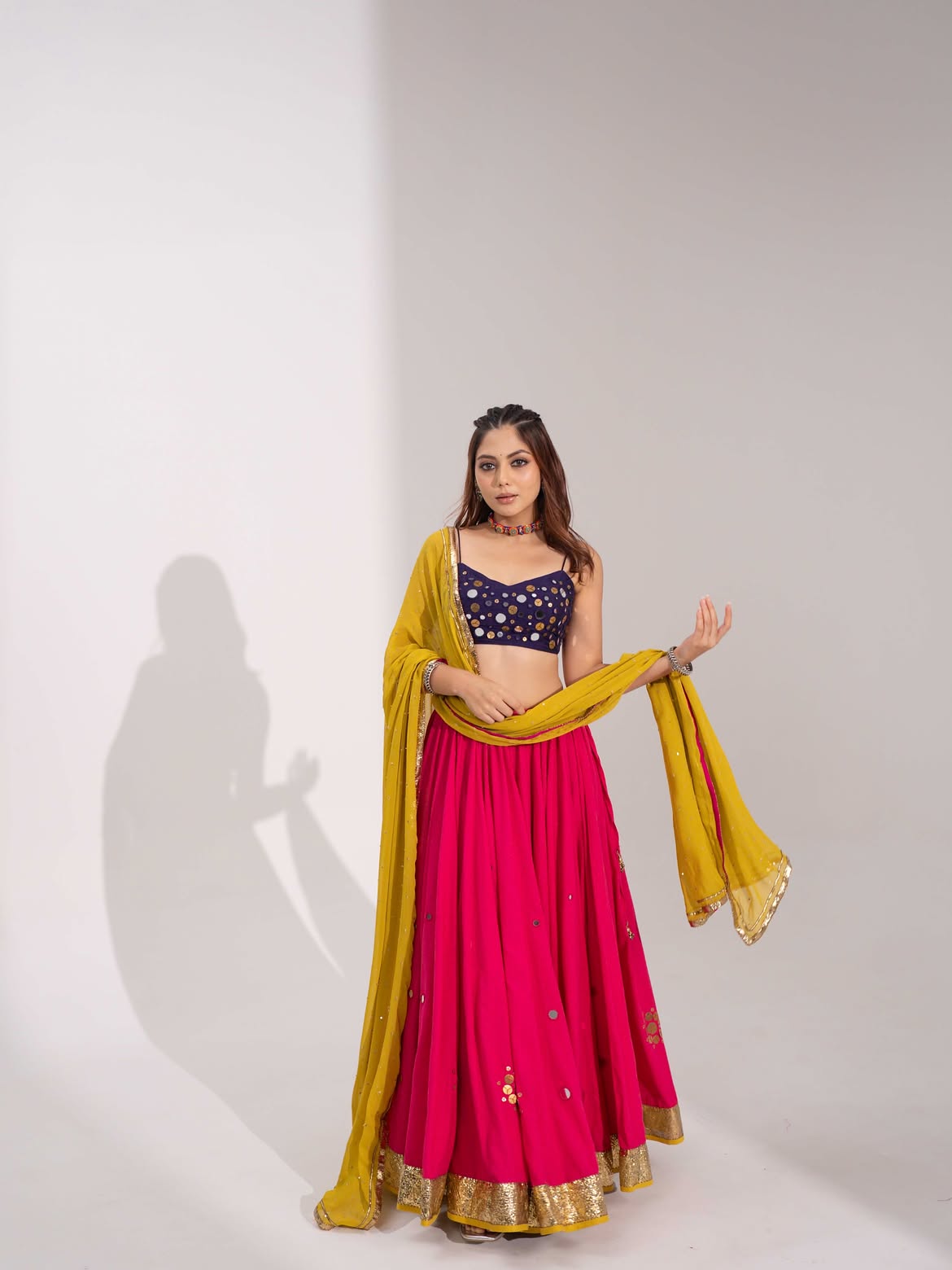 Rani Pink Mirror Work Lehenga Choli Set with Mustard Yellow Dupatta