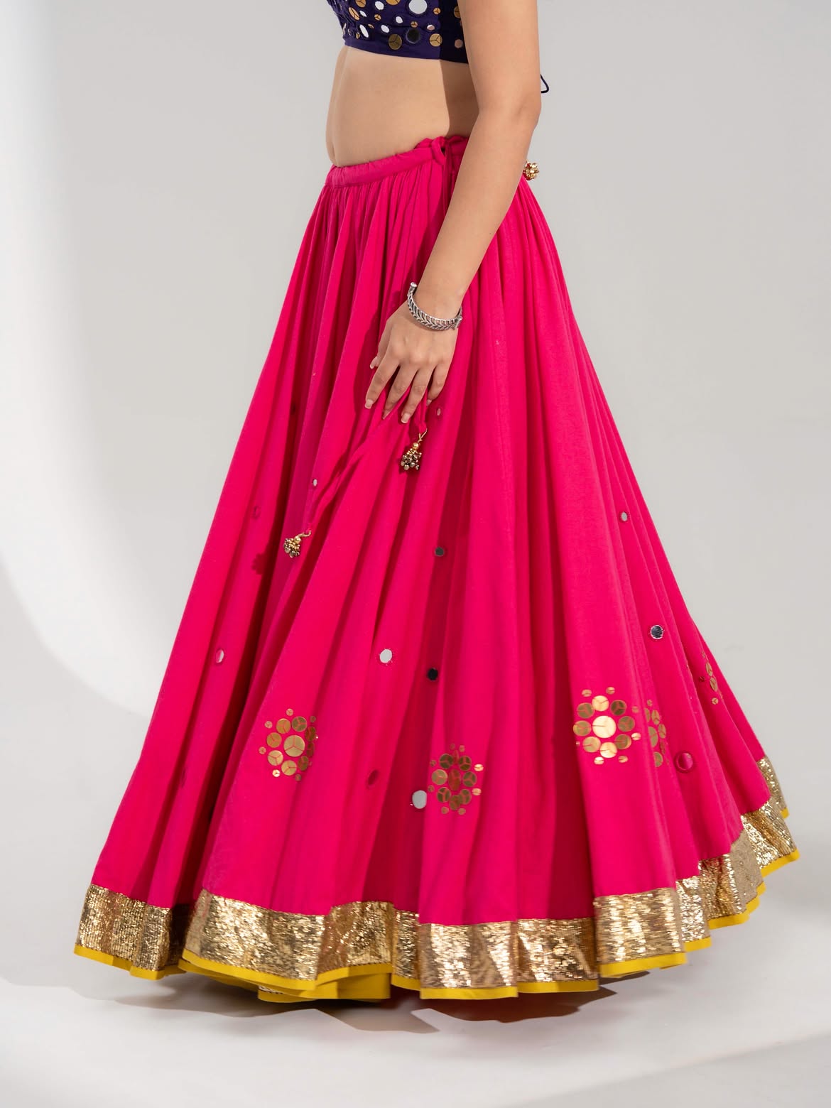 Rani Pink Mirror Work Lehenga Choli Set with Mustard Yellow Dupatta