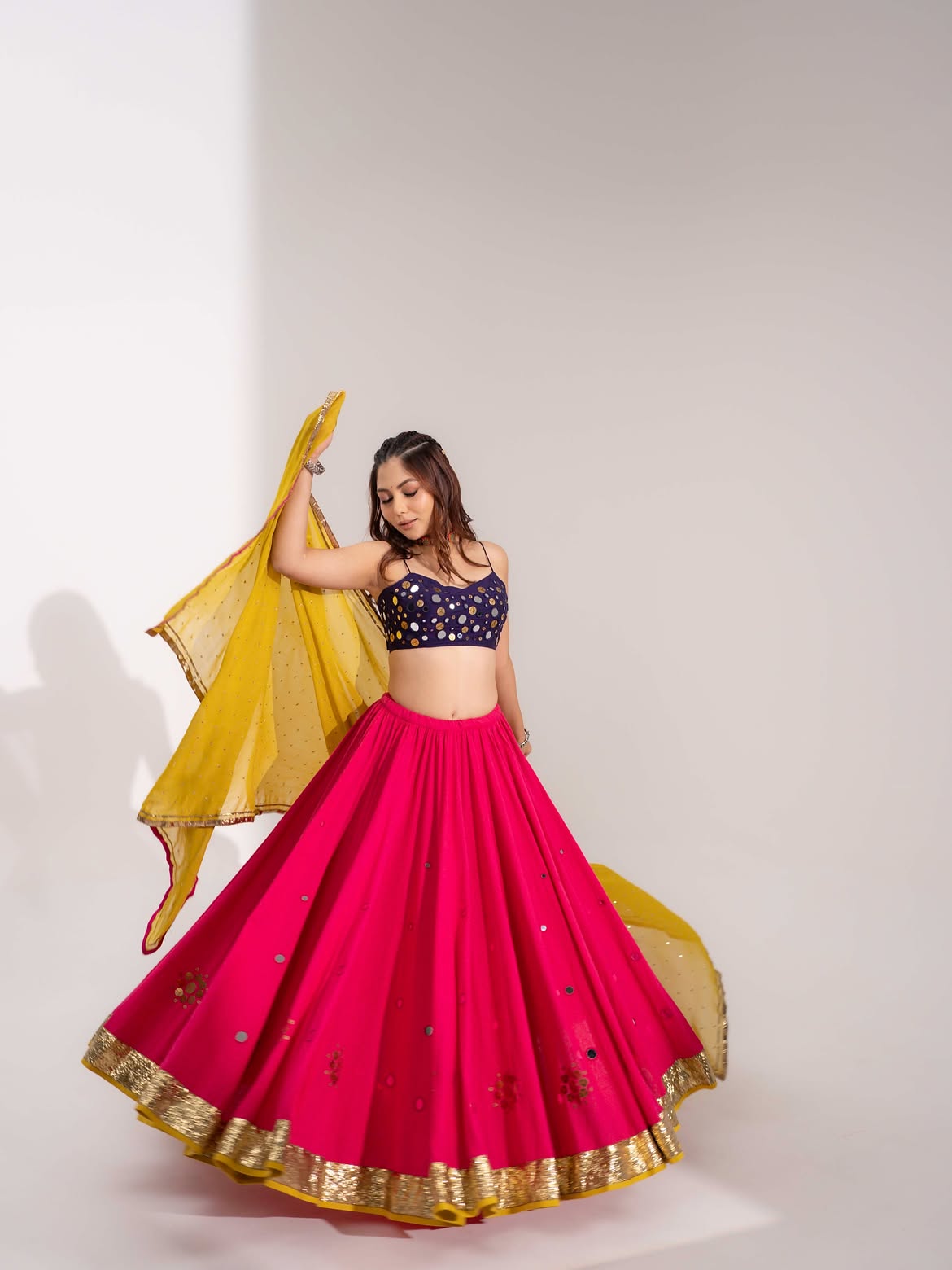 Rani Pink Mirror Work Lehenga Choli Set with Mustard Yellow Dupatta