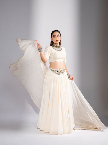 Off-White Mirror Work Georgette Lehenga Choli Set with Dupatta