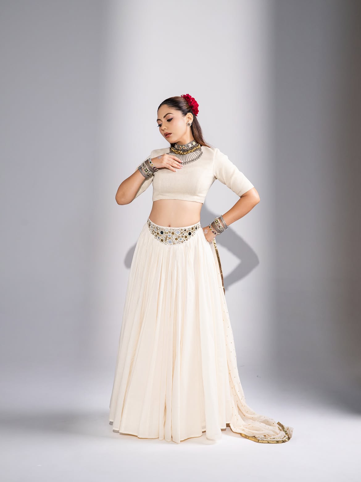 Off-White Mirror Work Georgette Lehenga Choli Set with Dupatta