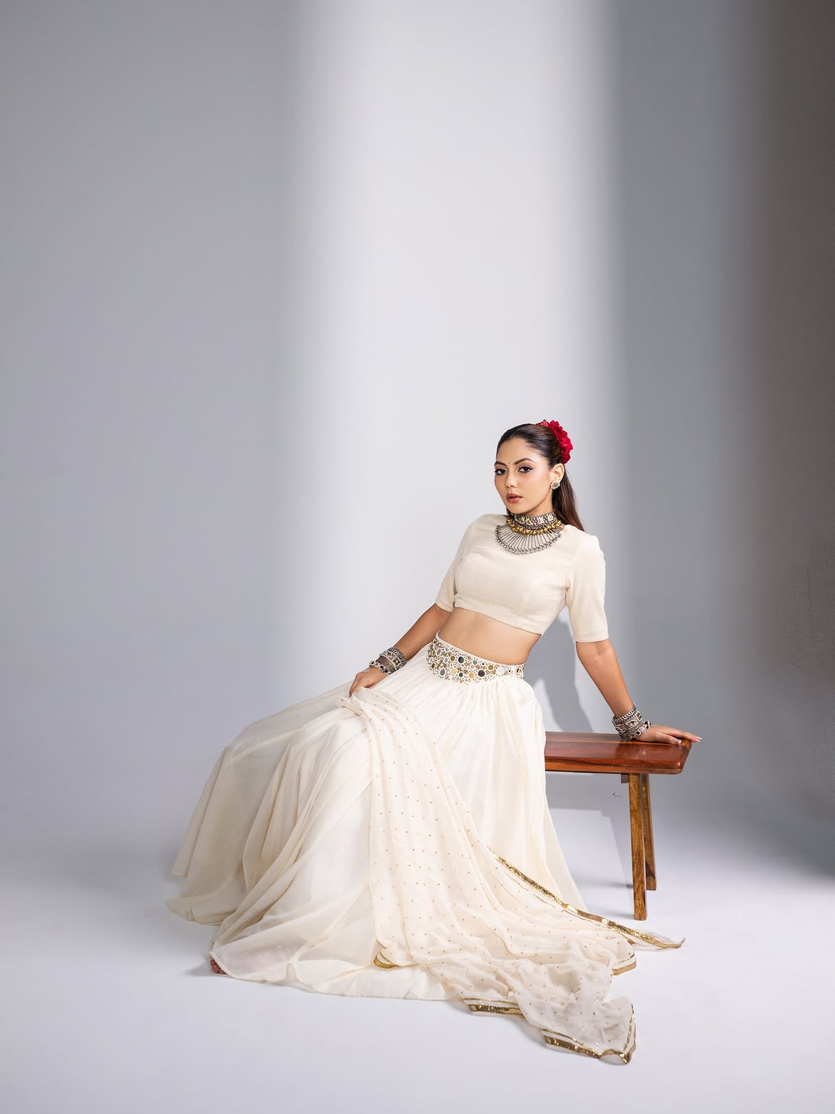 Off-White Mirror Work Georgette Lehenga Choli Set with Dupatta