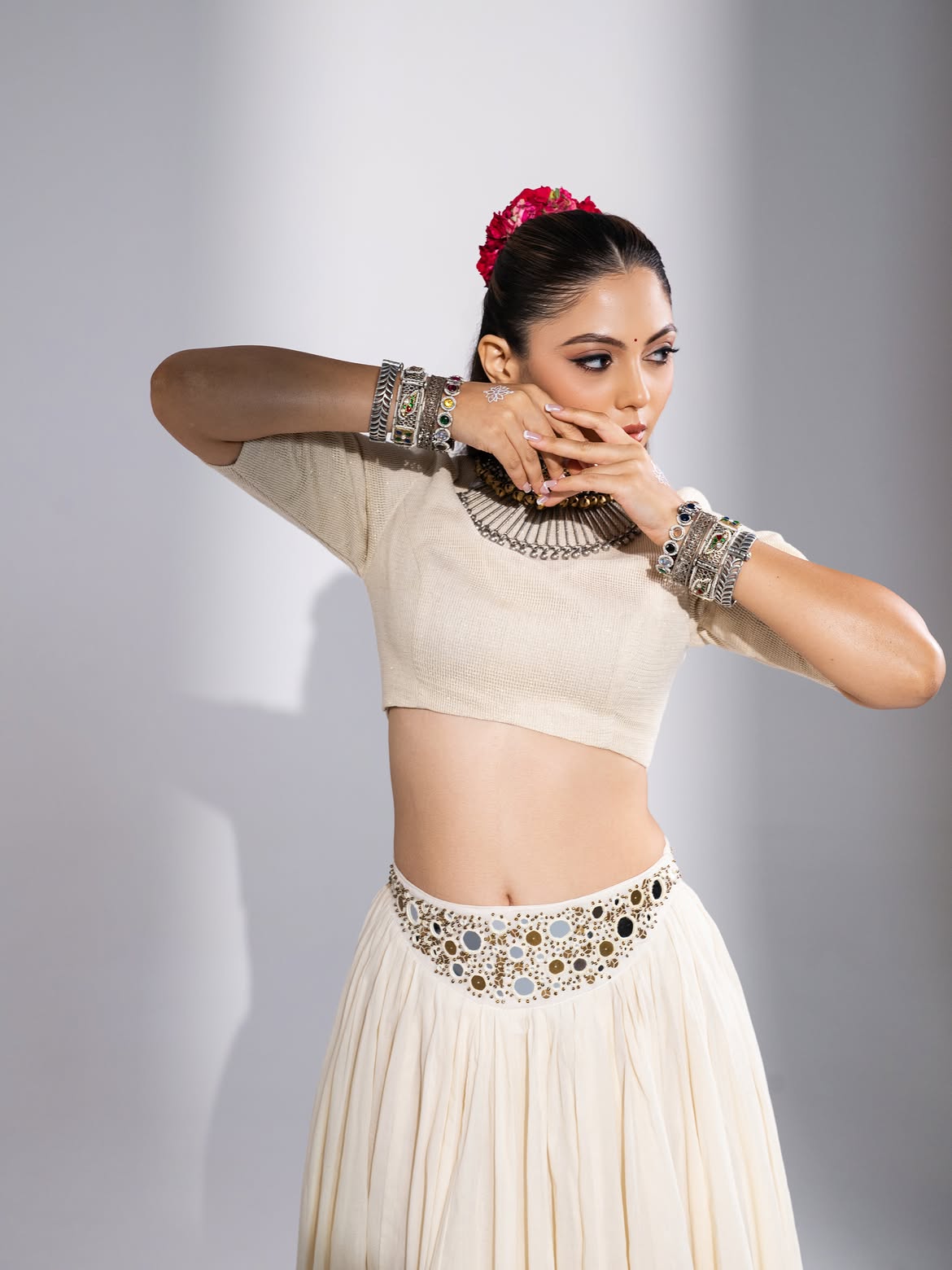 Off-White Mirror Work Georgette Lehenga Choli Set with Dupatta
