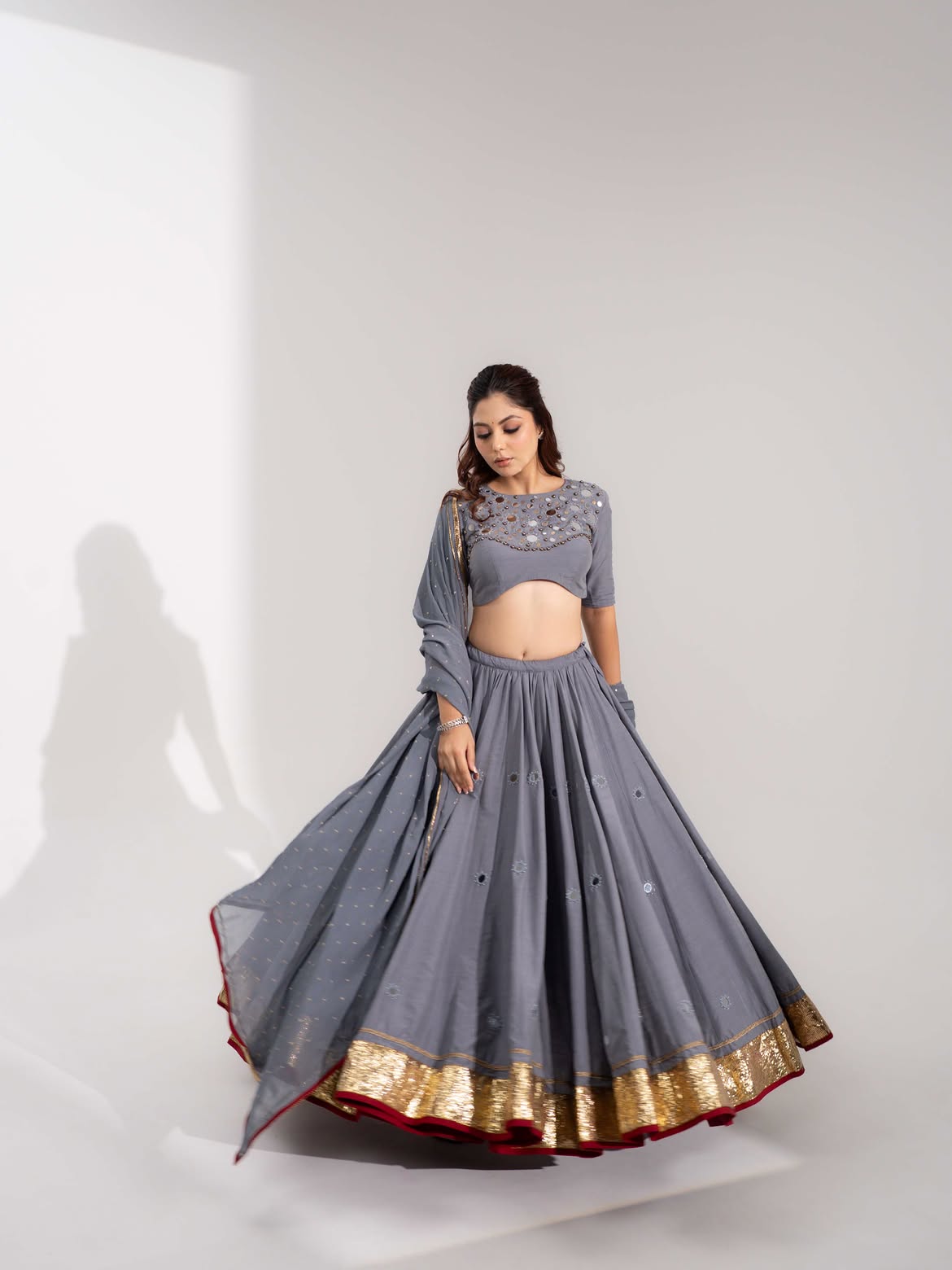 Mirror Work Cotton Silk Lehenga Set in Slate Grey
