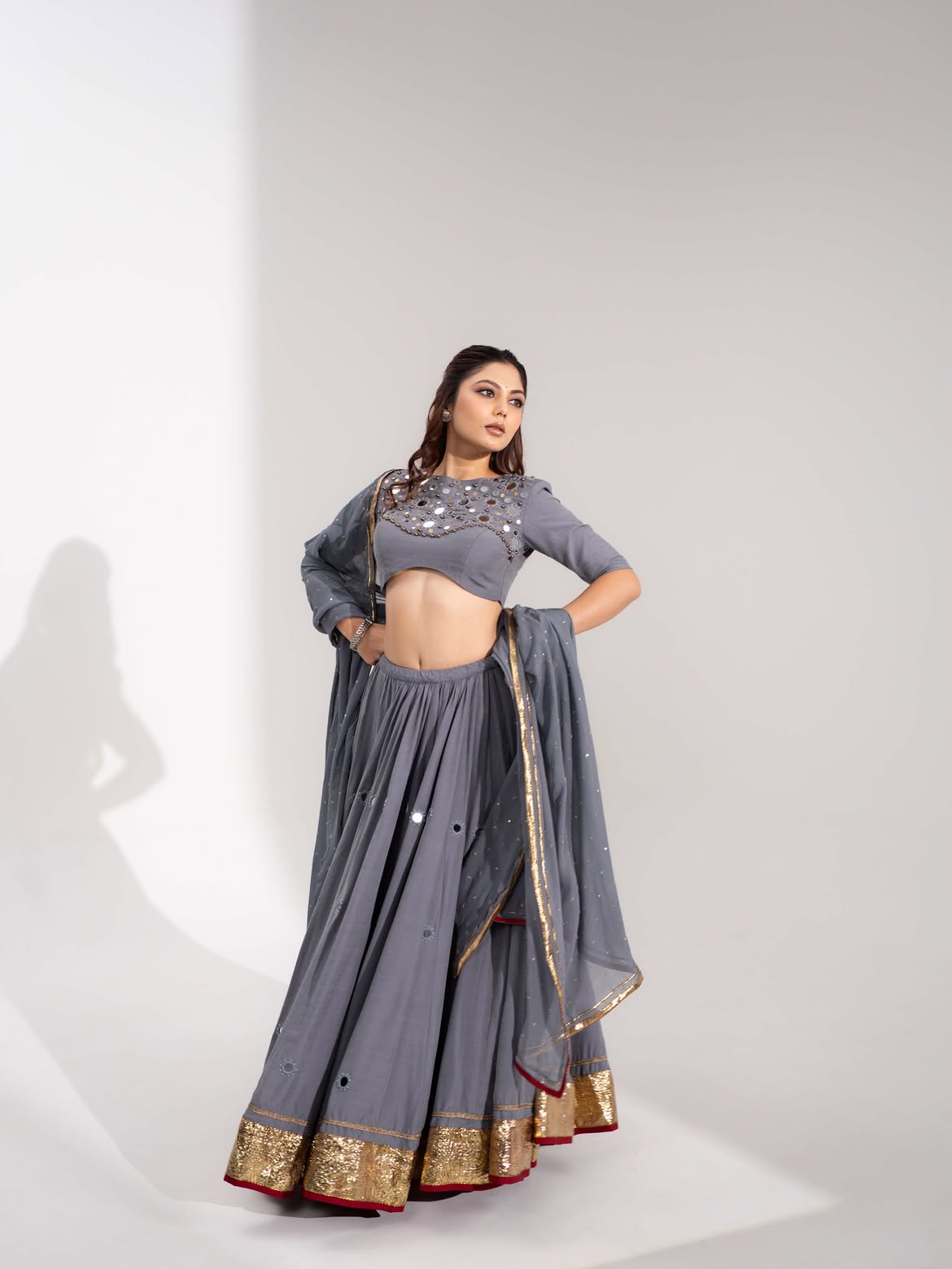 Mirror Work Cotton Silk Lehenga Set in Slate Grey