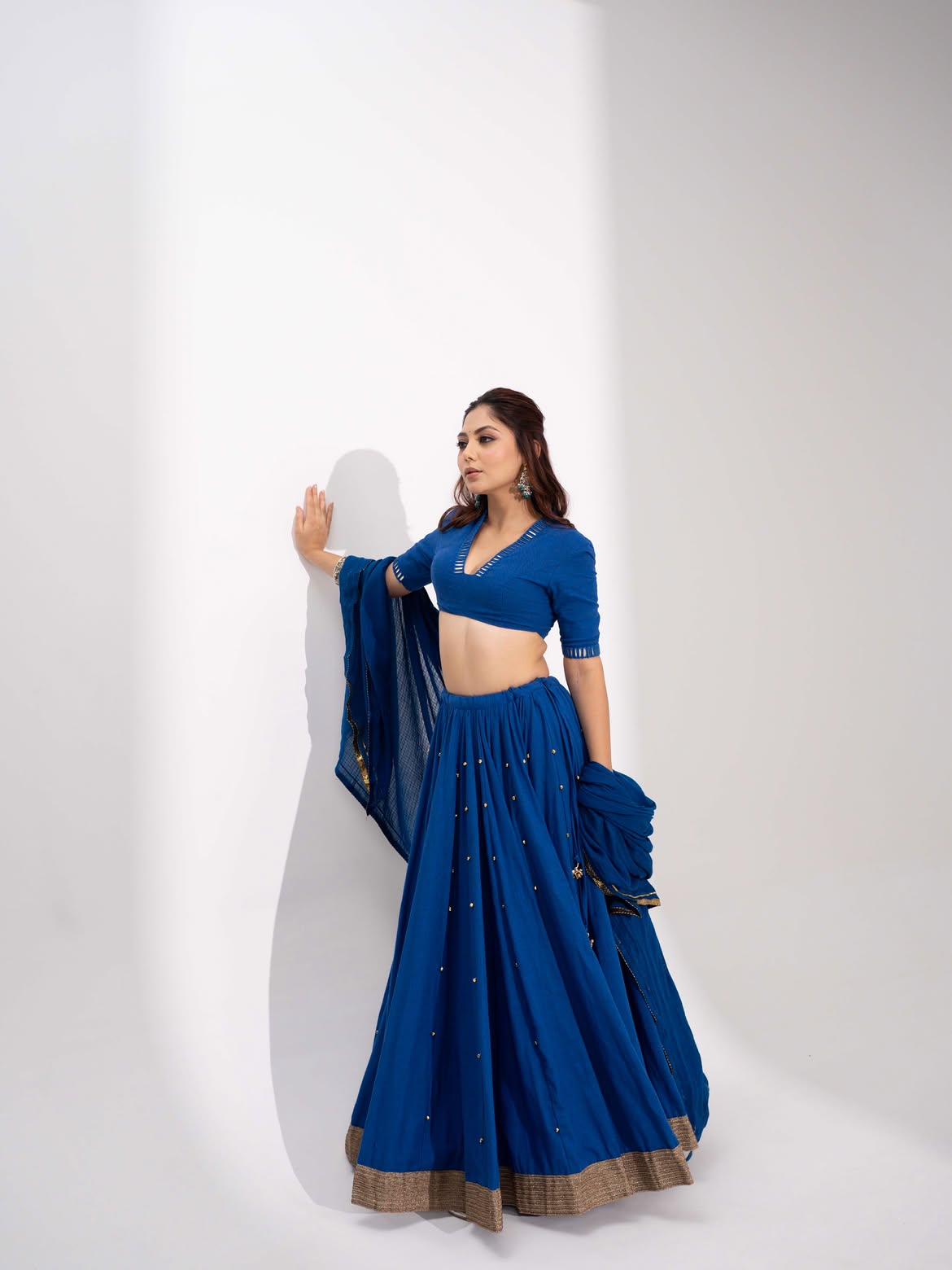 Royal Blue V-Neck Cutout Blouse with Gold Booti Flared Lehenga & Dupatta Set