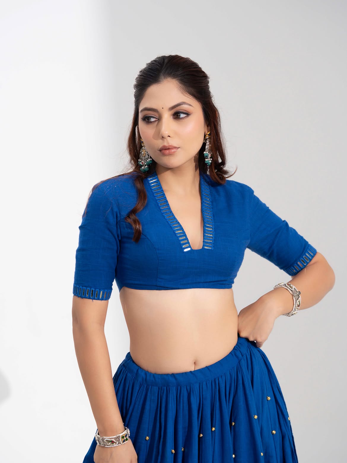 Royal Blue V-Neck Cutout Blouse with Gold Booti Flared Lehenga & Dupatta Set