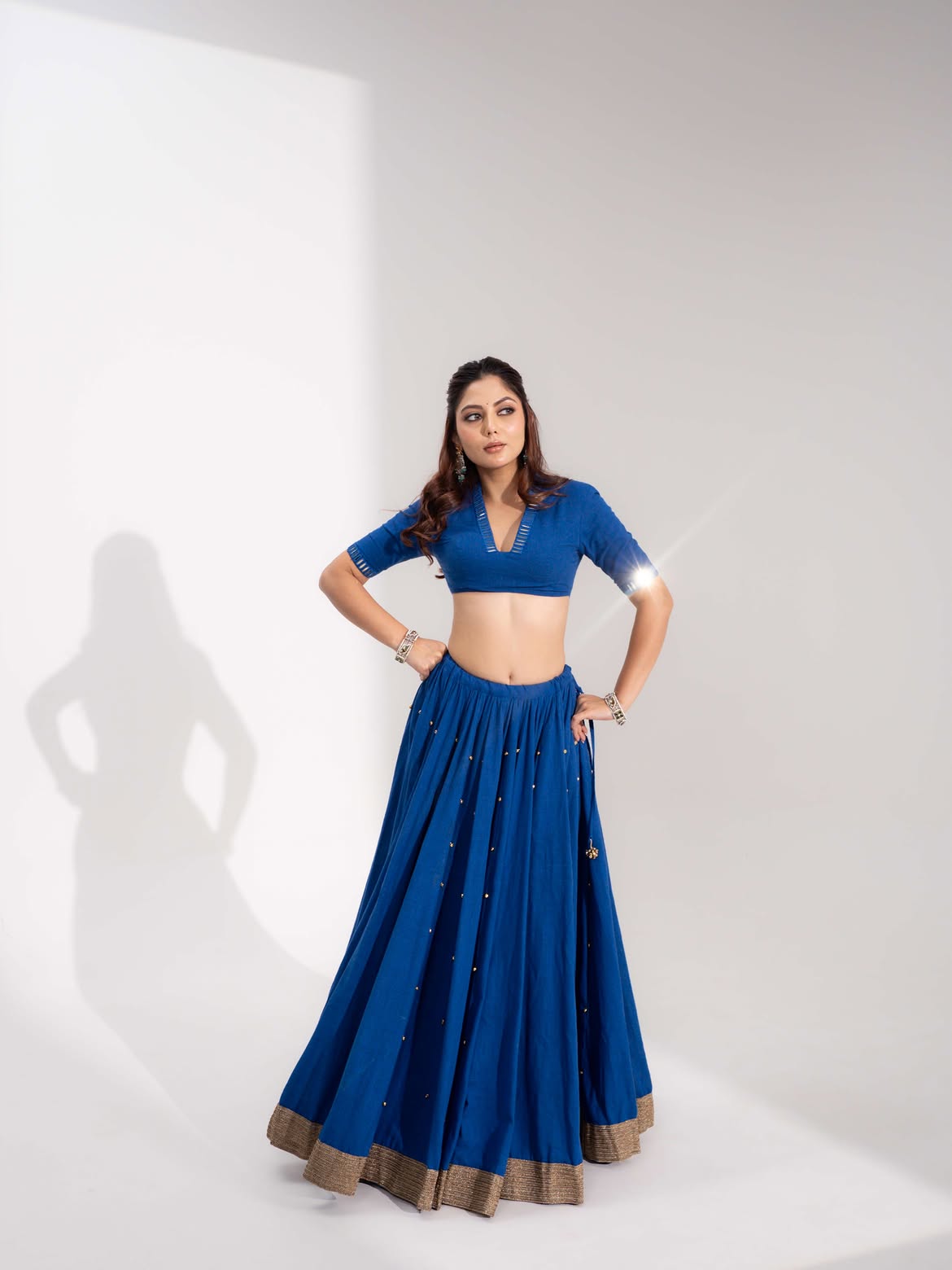 Royal Blue V-Neck Cutout Blouse with Gold Booti Flared Lehenga & Dupatta Set
