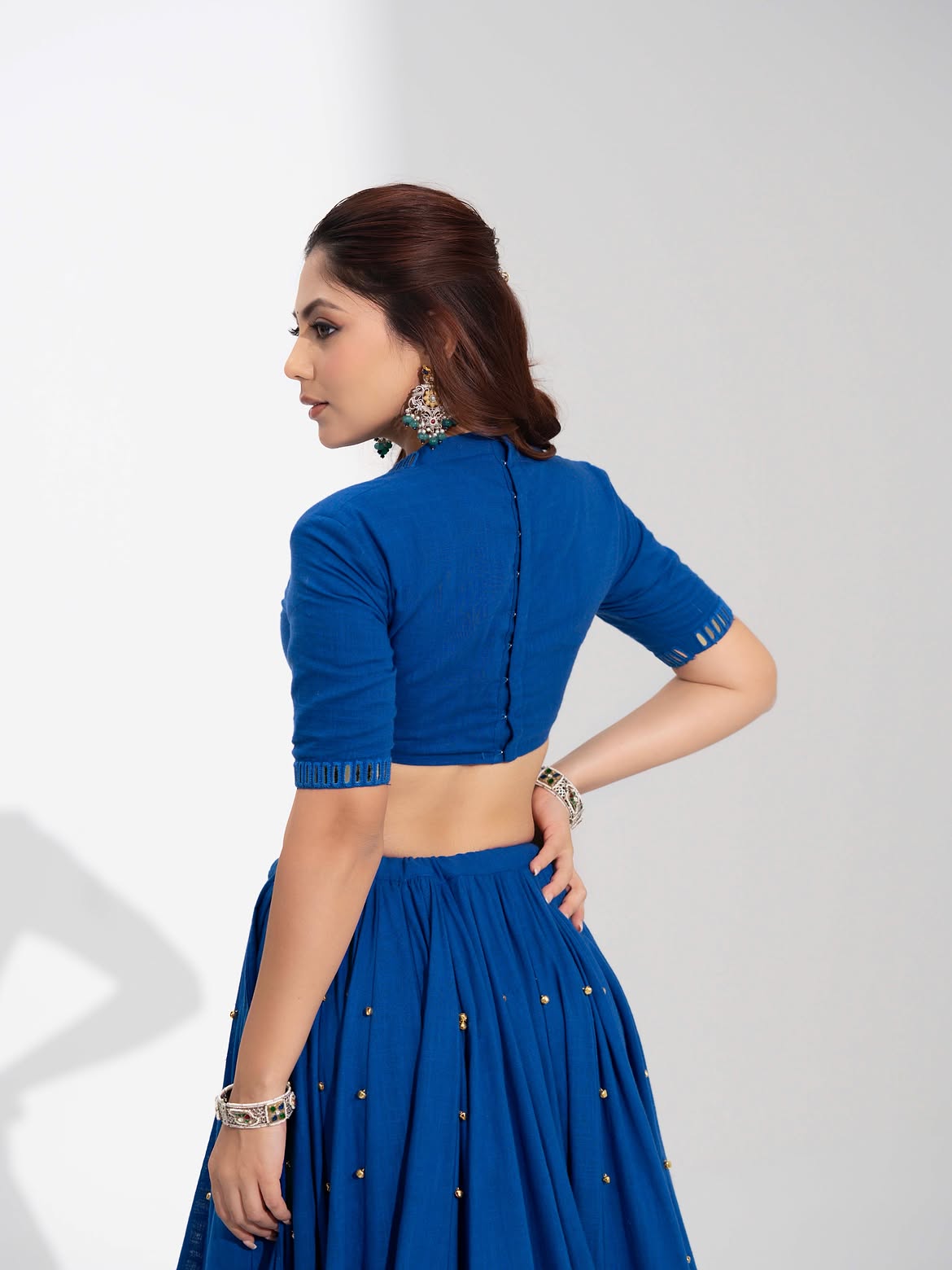 Royal Blue V-Neck Cutout Blouse with Gold Booti Flared Lehenga & Dupatta Set