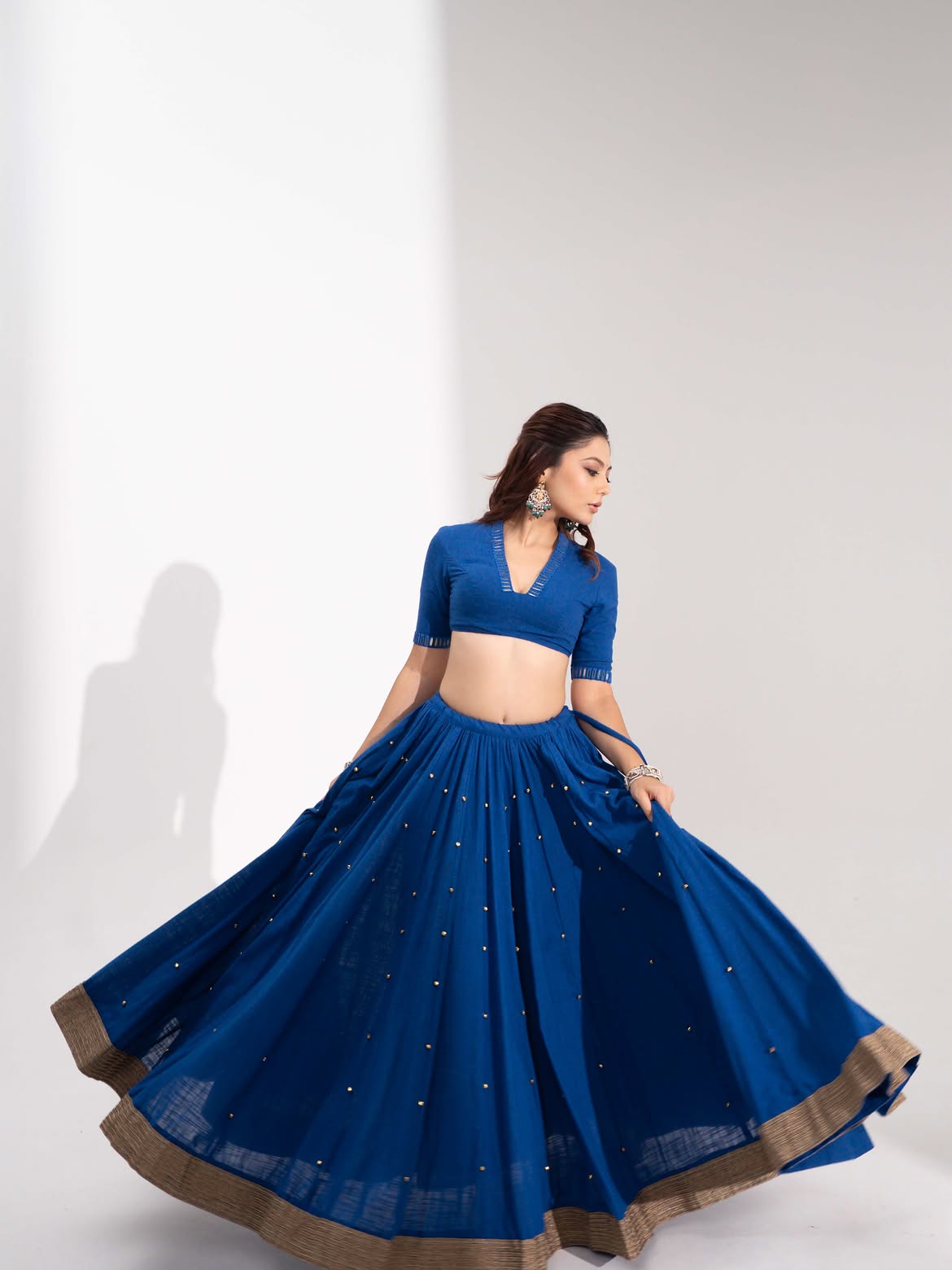 Royal Blue V-Neck Cutout Blouse with Gold Booti Flared Lehenga & Dupatta Set