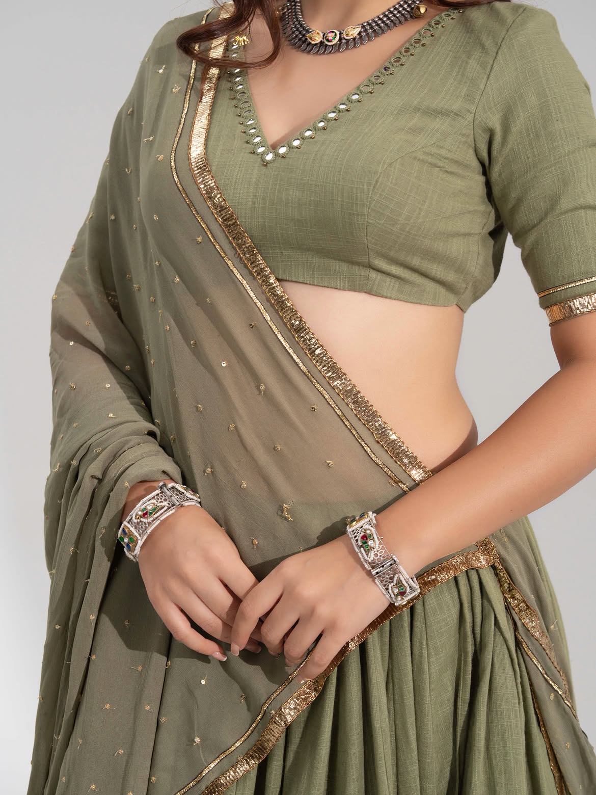 Olive Green V-Neck Lehenga Choli Set with Gold Sequined Border & Dupatta