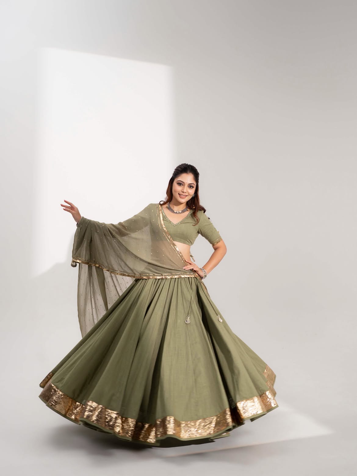 Olive Green V-Neck Lehenga Choli Set with Gold Sequined Border & Dupatta