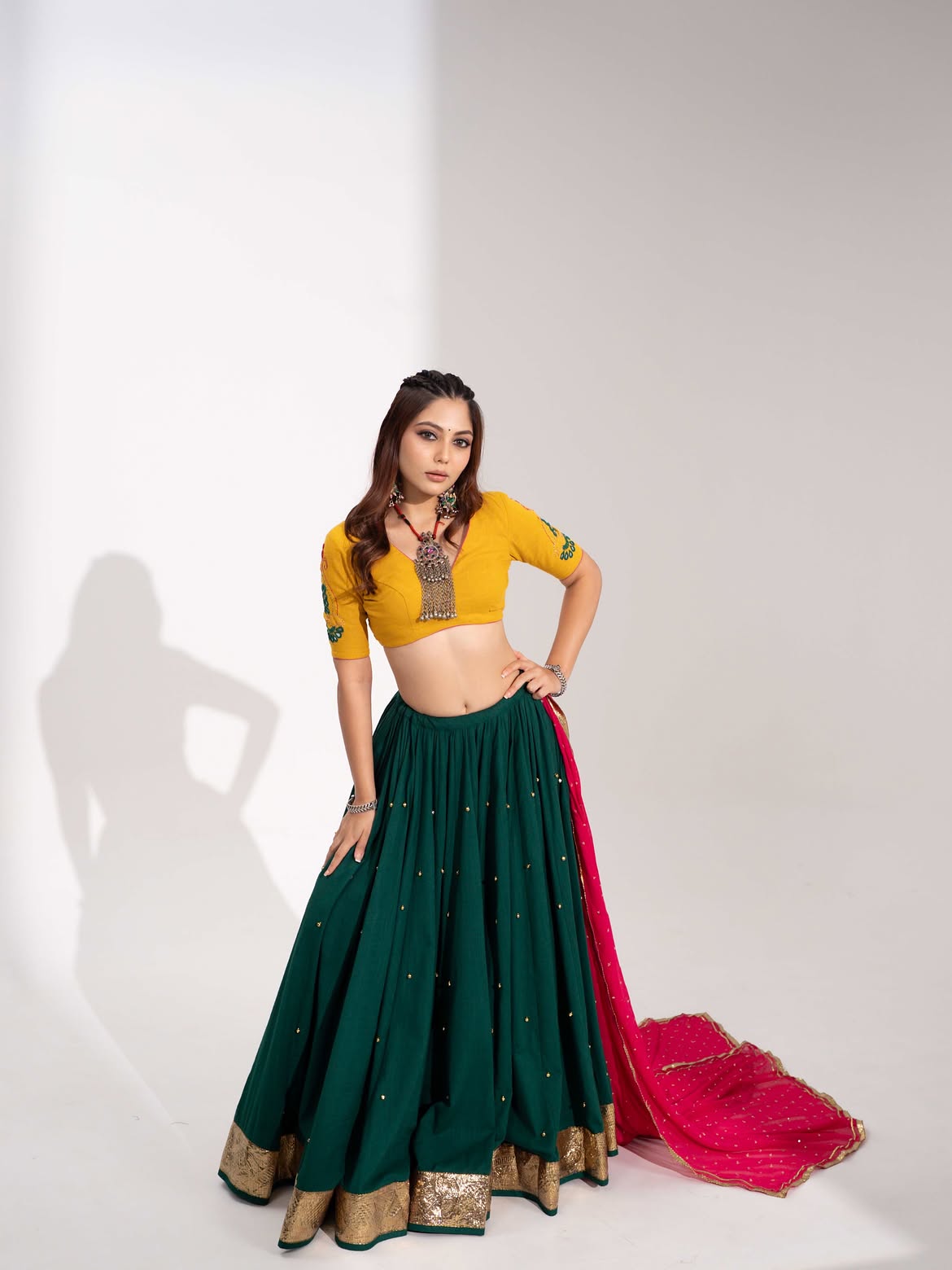 Emerald Green Flared Lehenga with Mustard Yellow Blouse & Rani Pink Dupatta Set